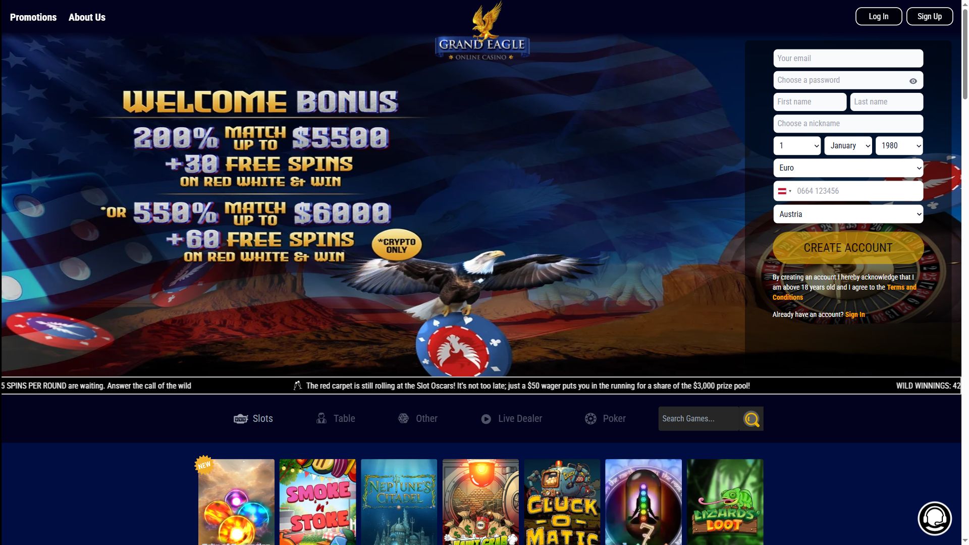 Grand Eagle Casino — Homepage (Desktop)