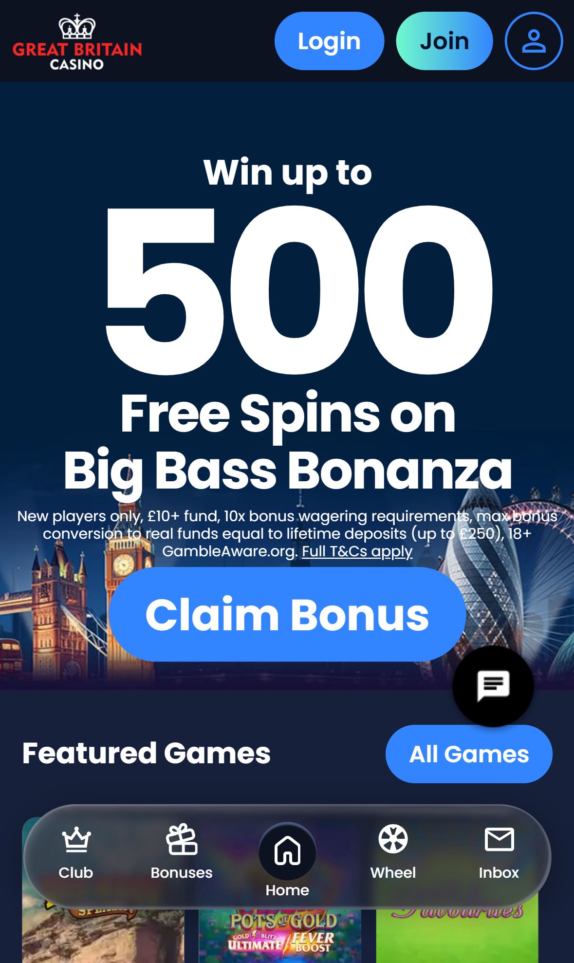 Great Britain Casino — Homepage (Mobile)