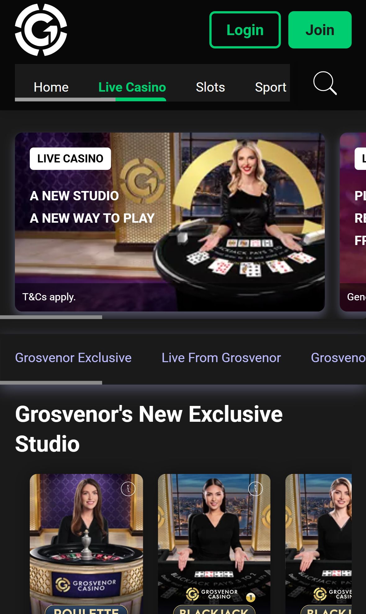 Grosvenor Casino — Homepage (Mobile)