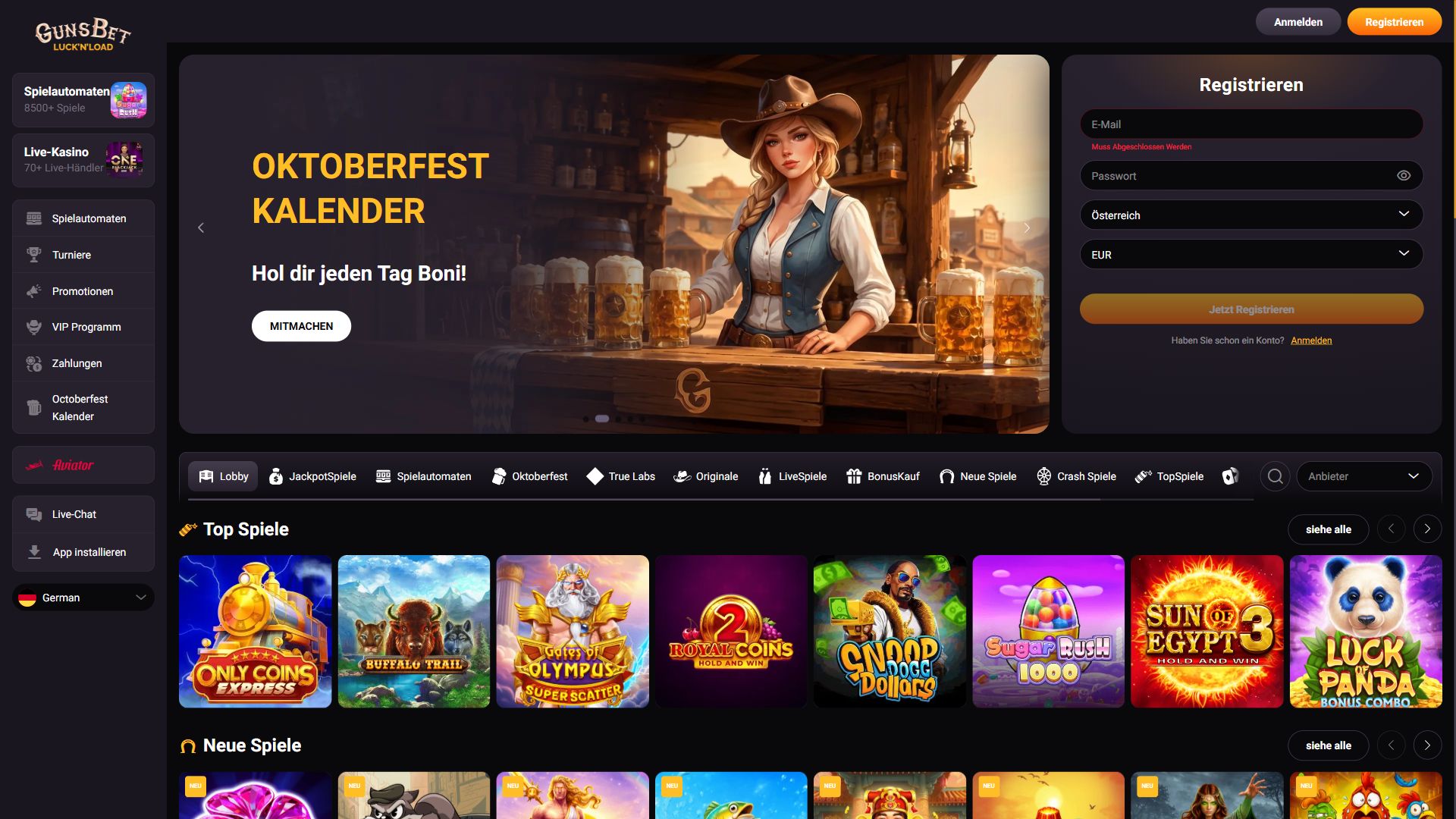 Gunsbet — Startseite (Desktop)