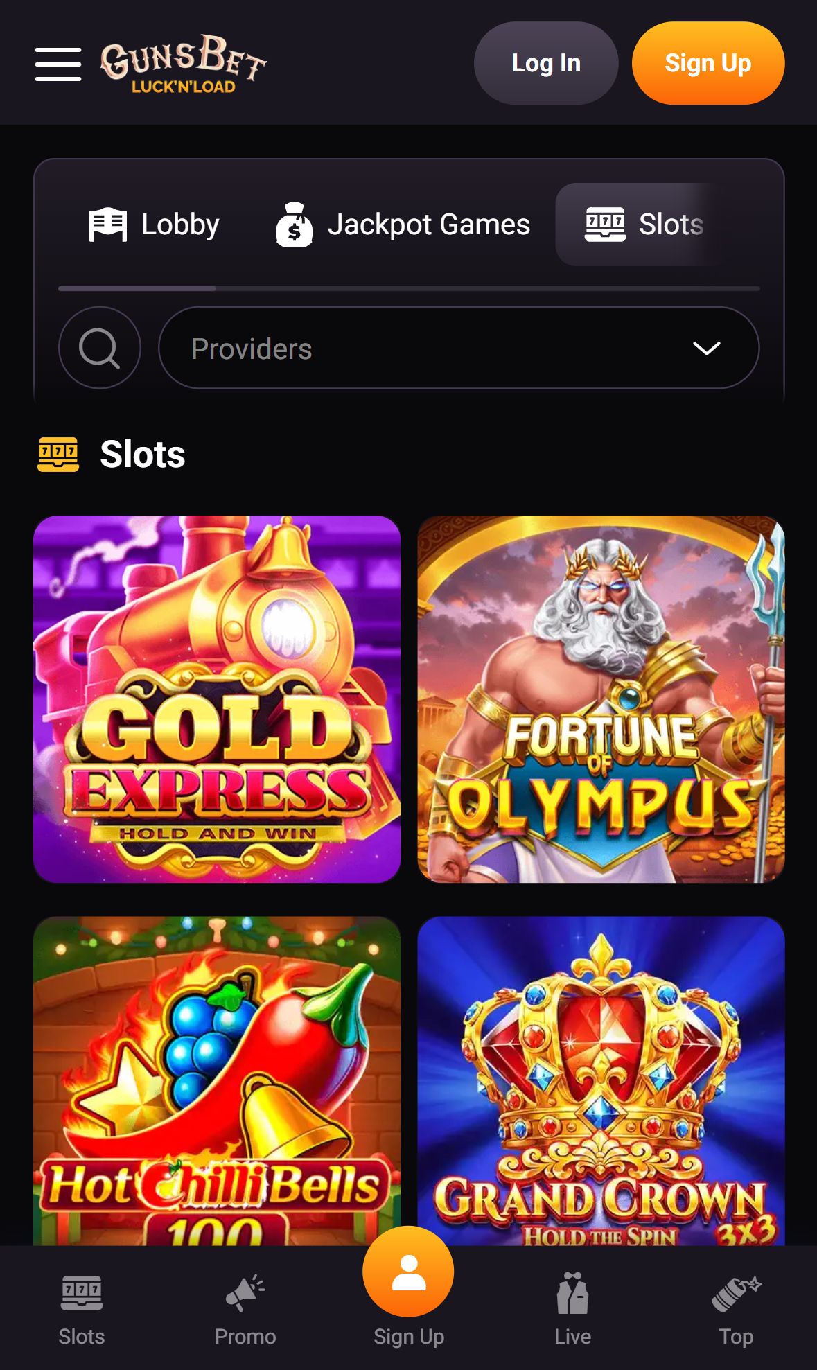 Gunsbet — Lobby (Mobile)