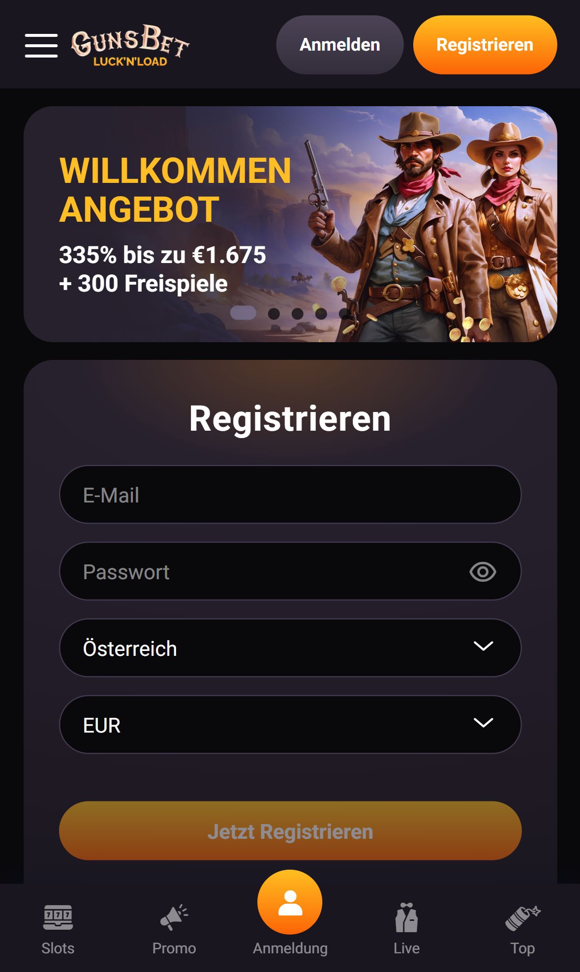 Gunsbet — Startseite (Mobil)