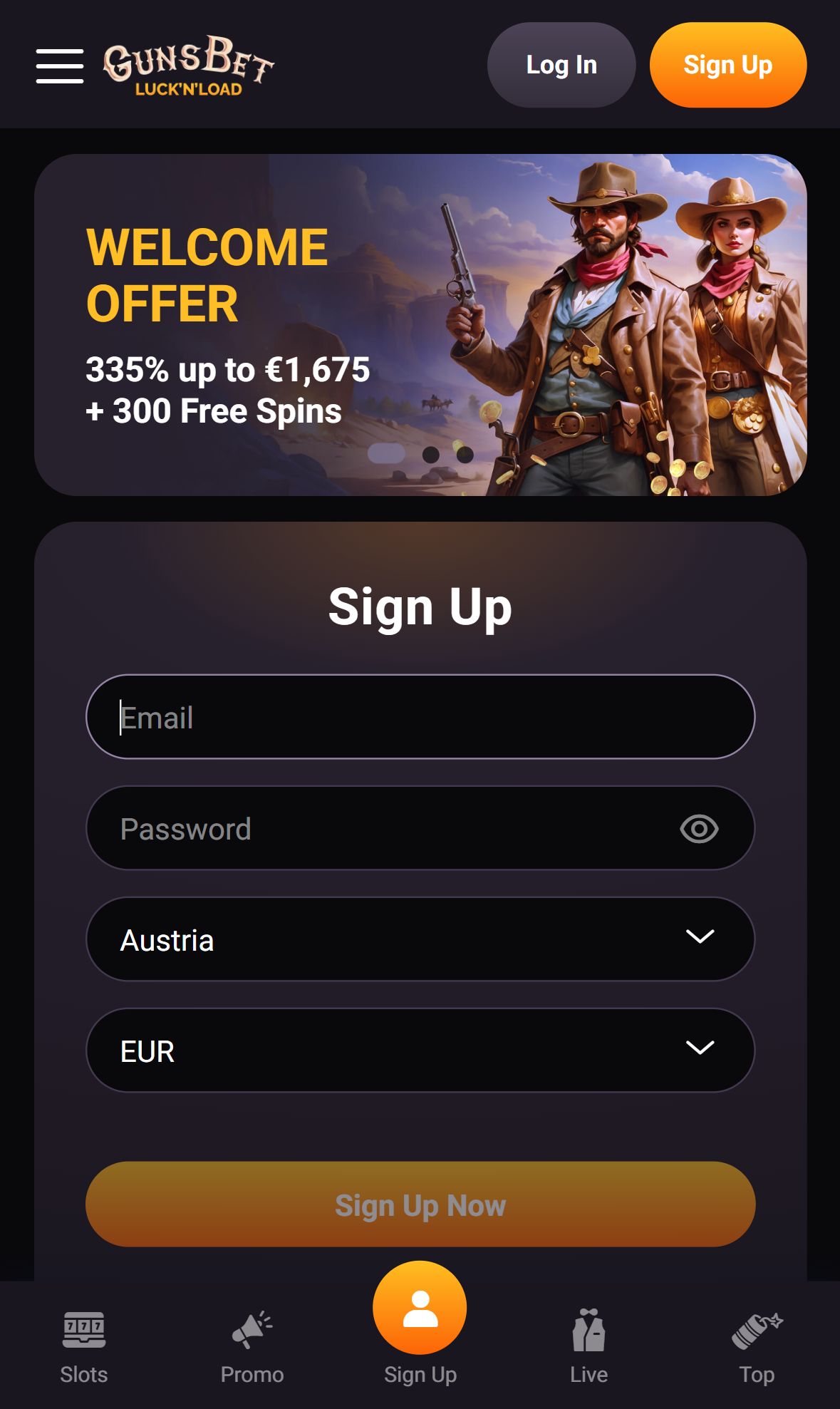 Gunsbet — Homepage (Mobile)