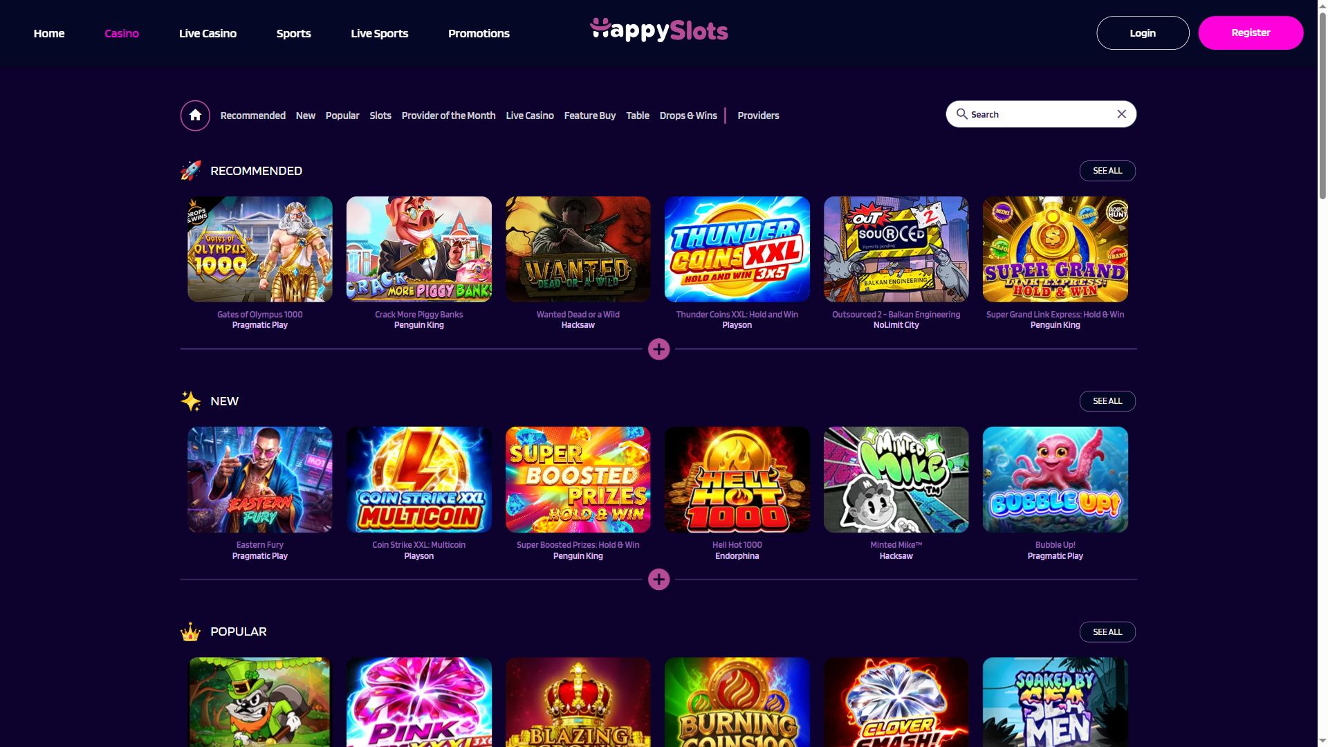 Happyslots — Lobby (Desktop)