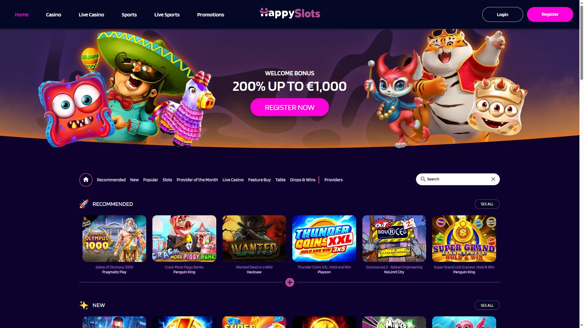 Happyslots — Homepage (Desktop)