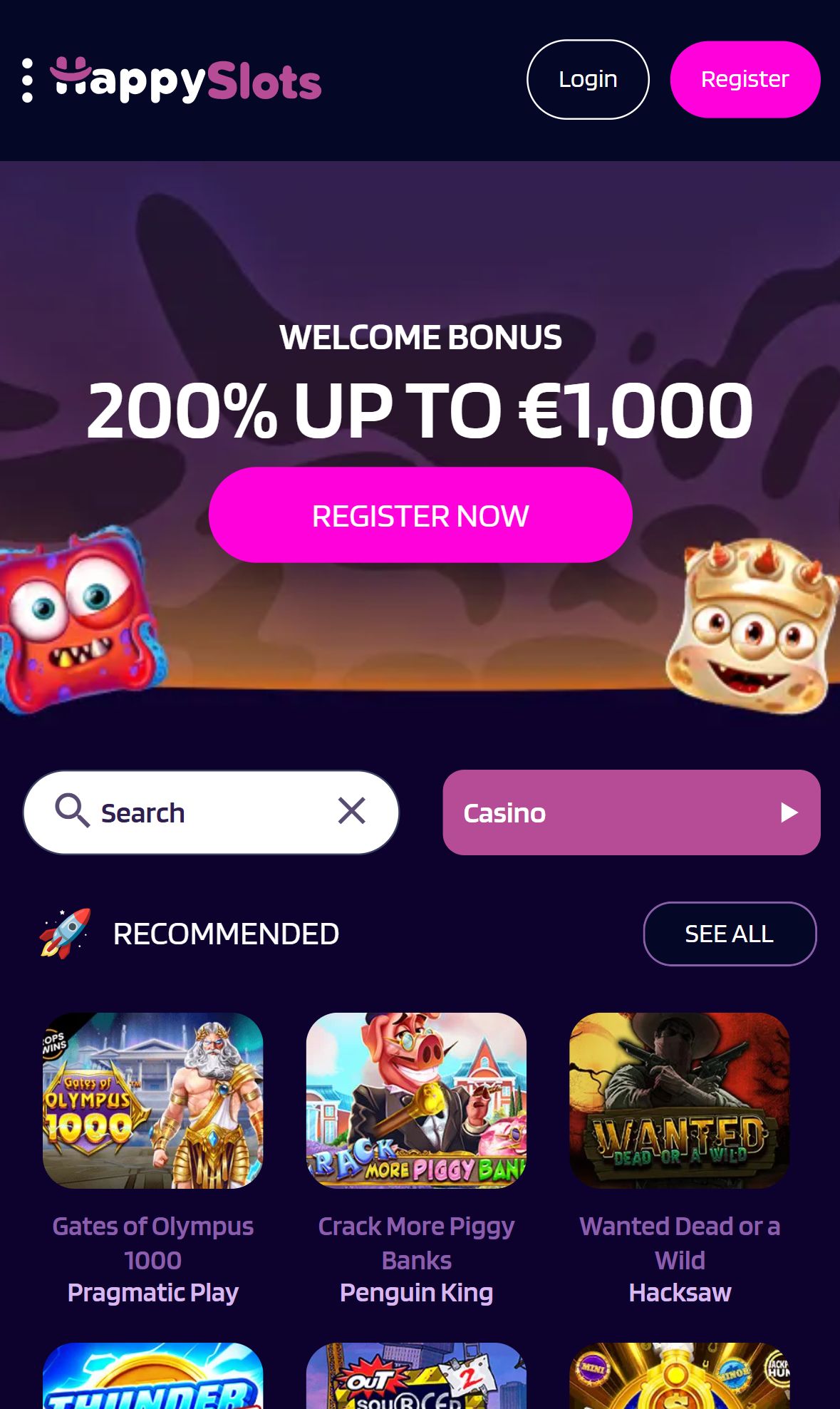 Happyslots — Homepage (Mobile)