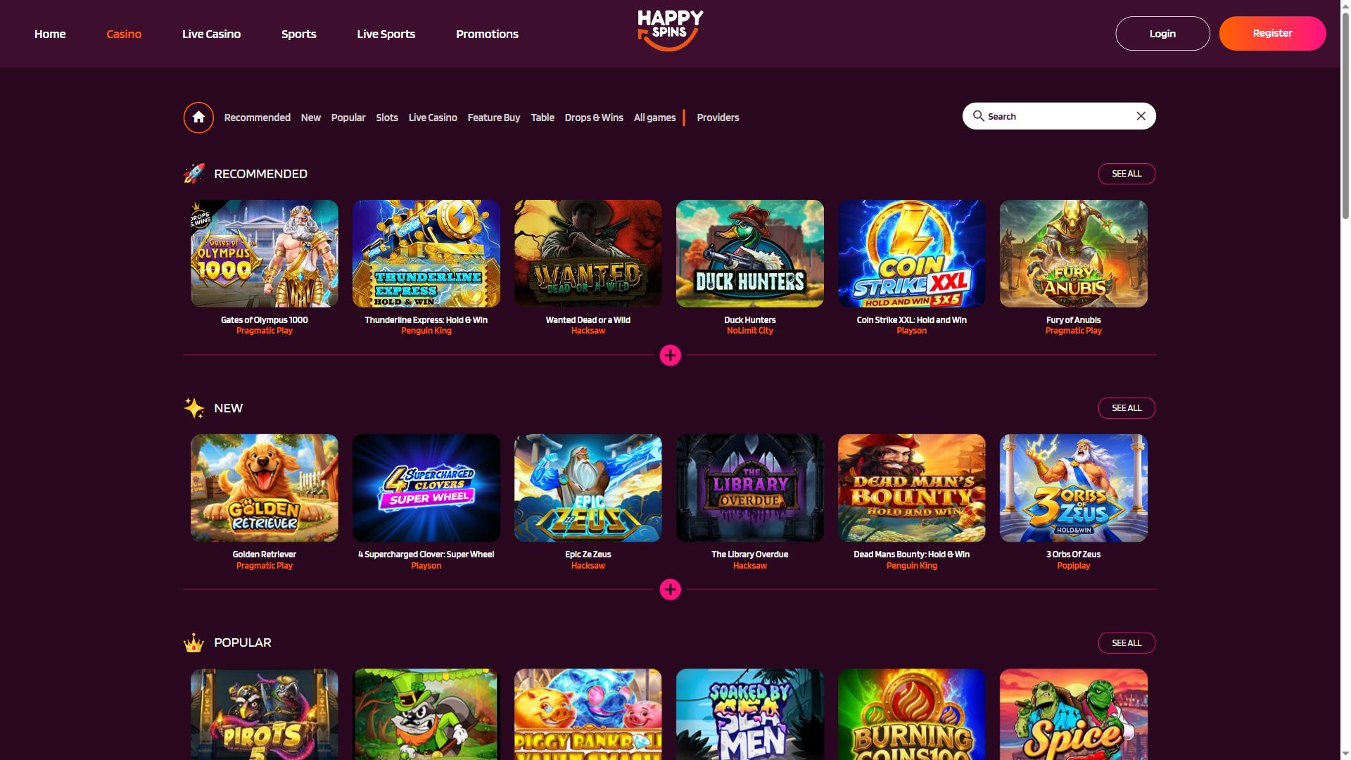 Happyspins — Lobby (Desktop)