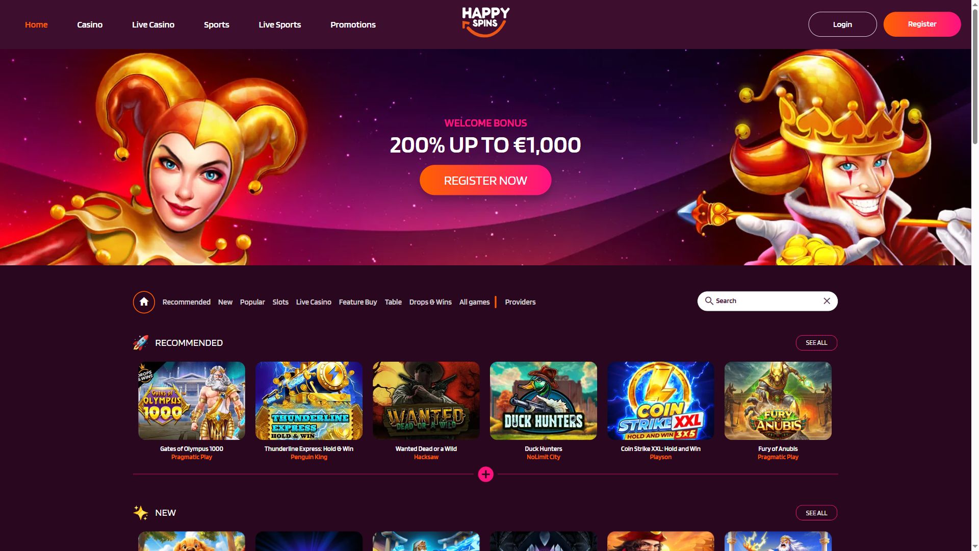 Happyspins — Homepage (Desktop)