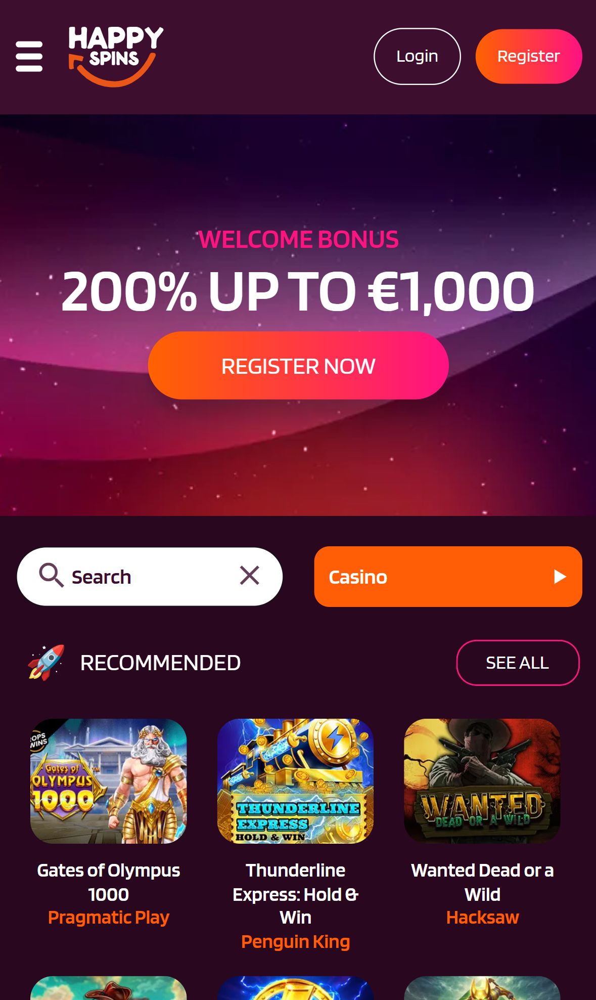 Happyspins — Homepage (Mobile)