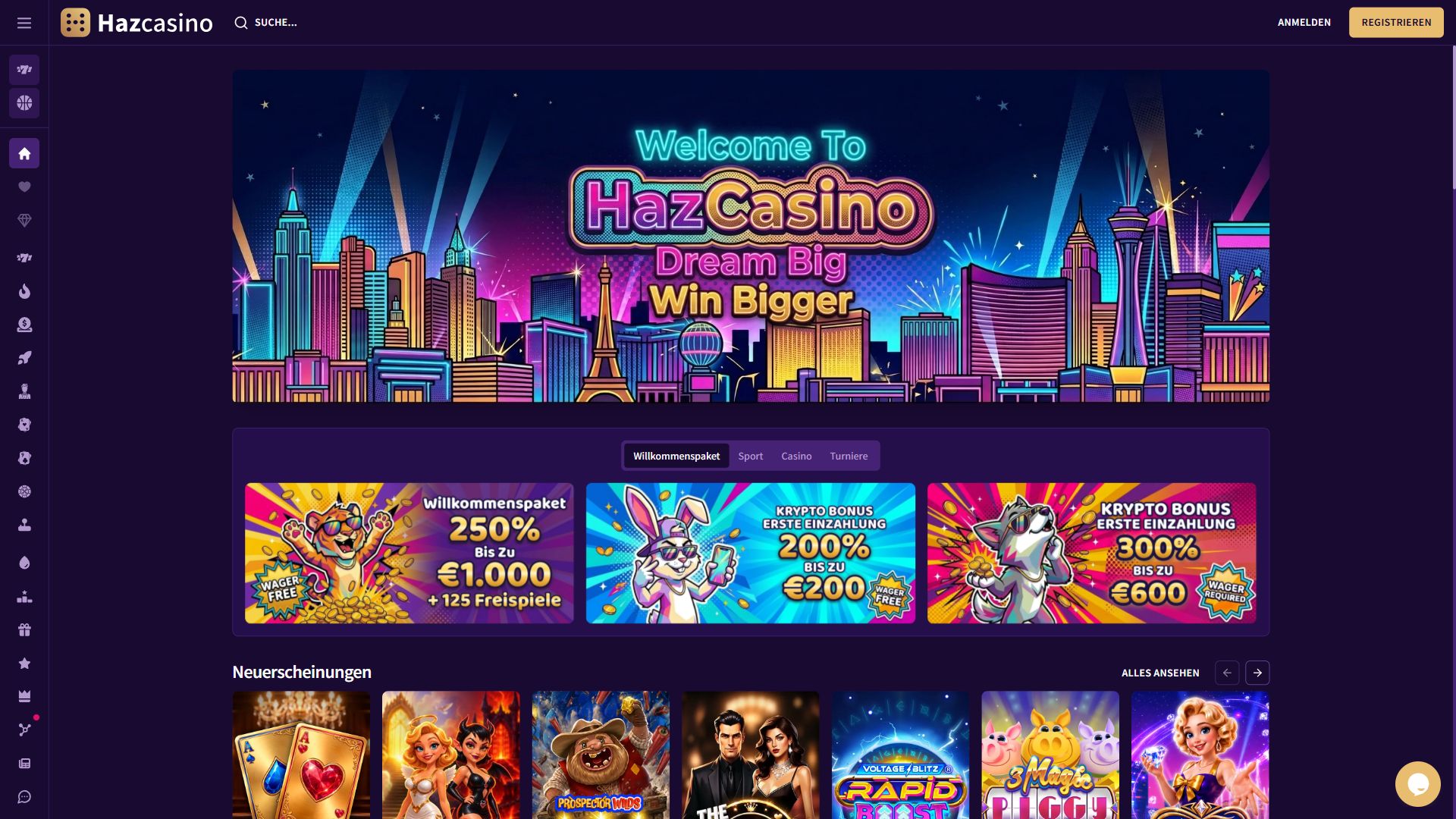 HazCasino — Startseite (Desktop)