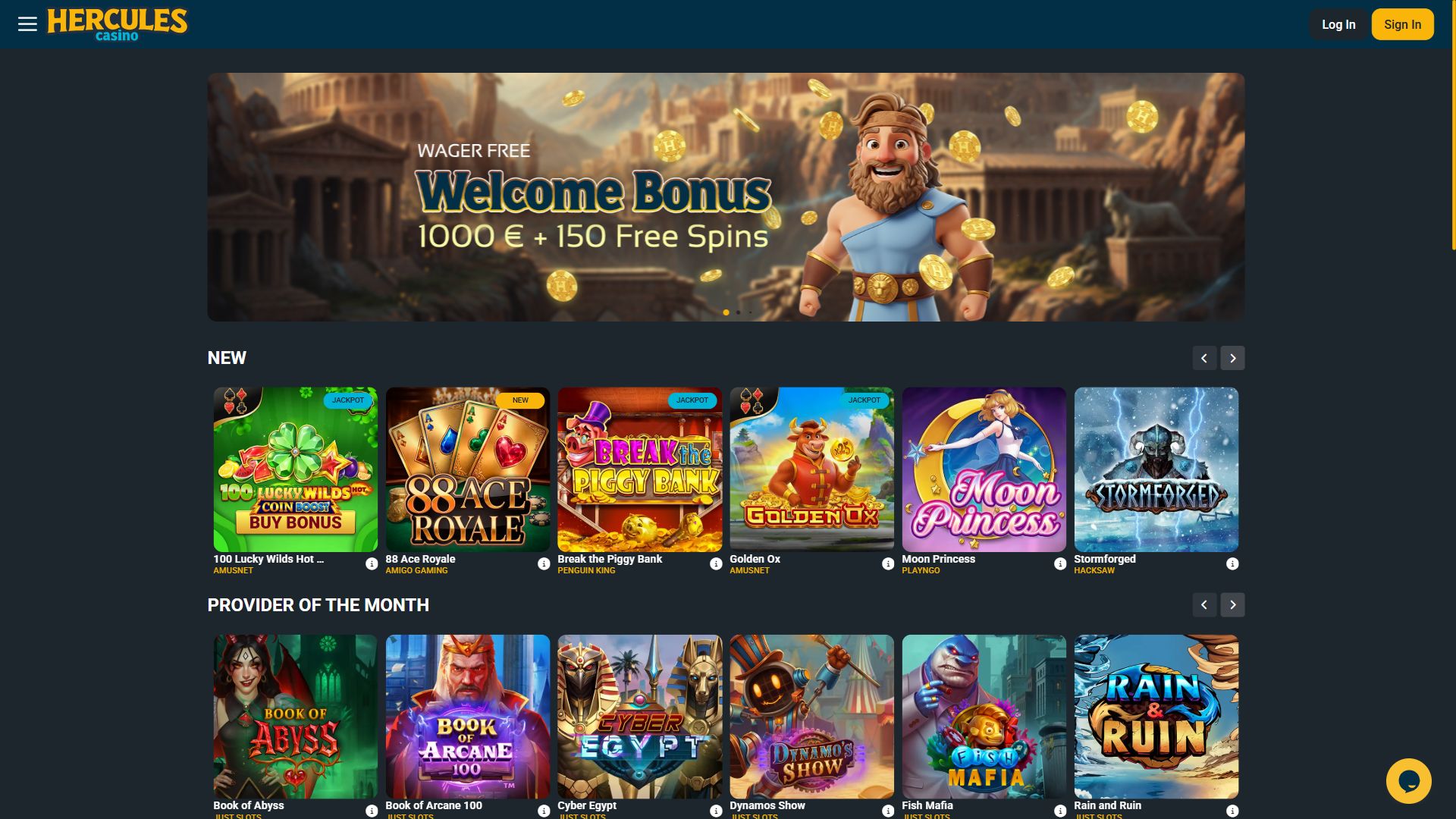 Hercules Casino — Homepage (Desktop)