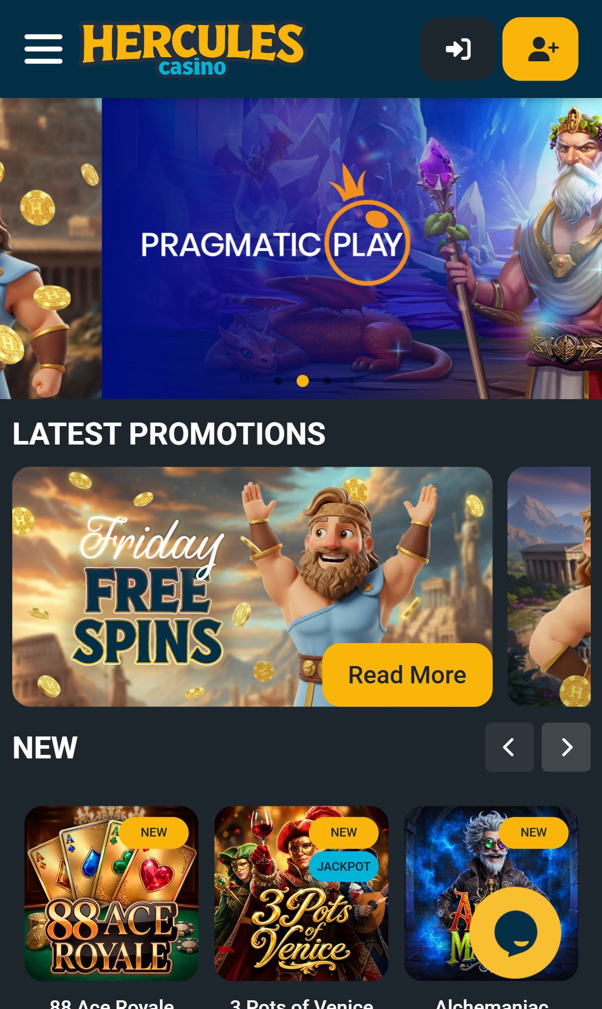 Hercules Casino — Lobby (Mobile)