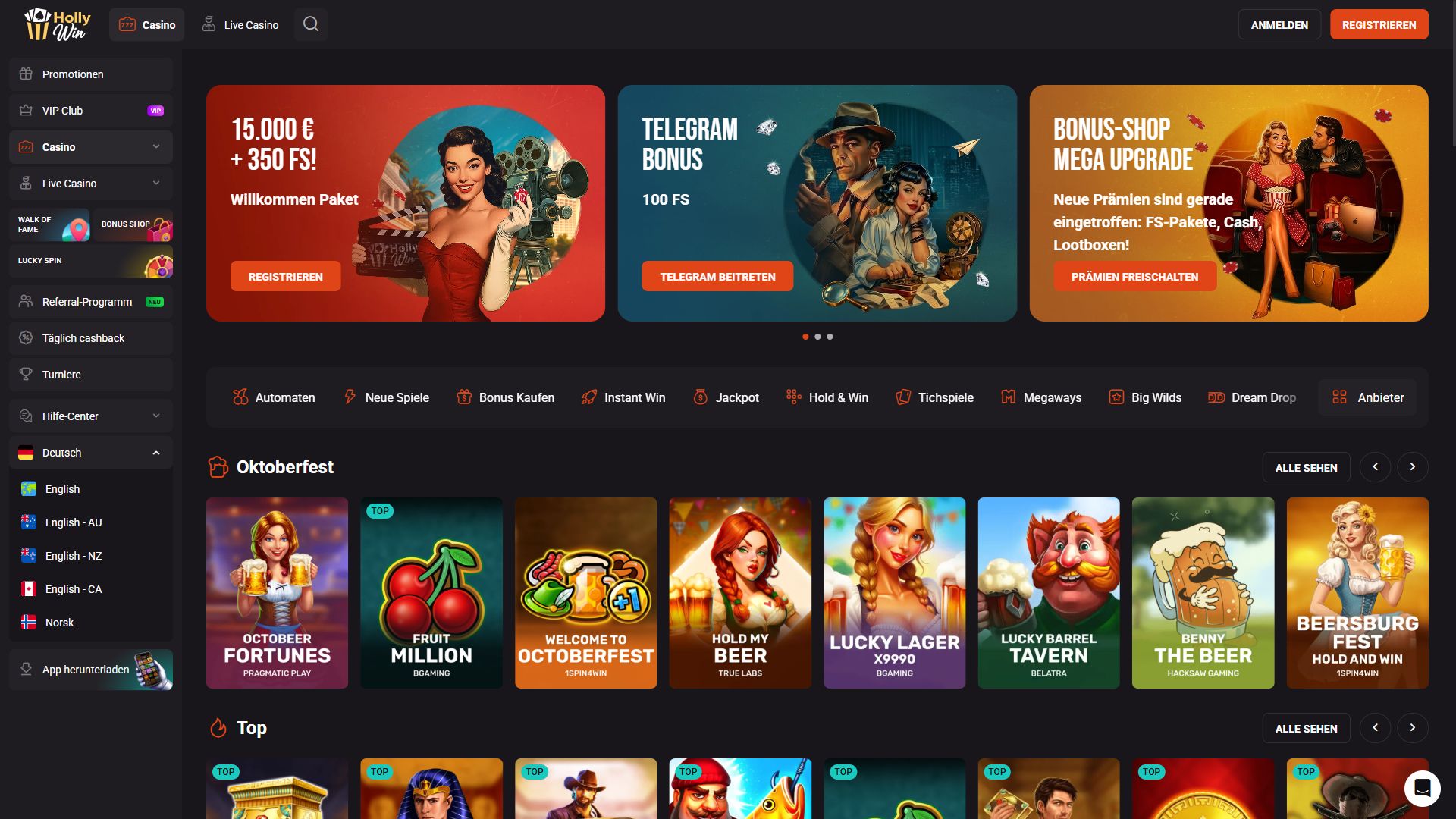 HollyWin — Startseite (Desktop)