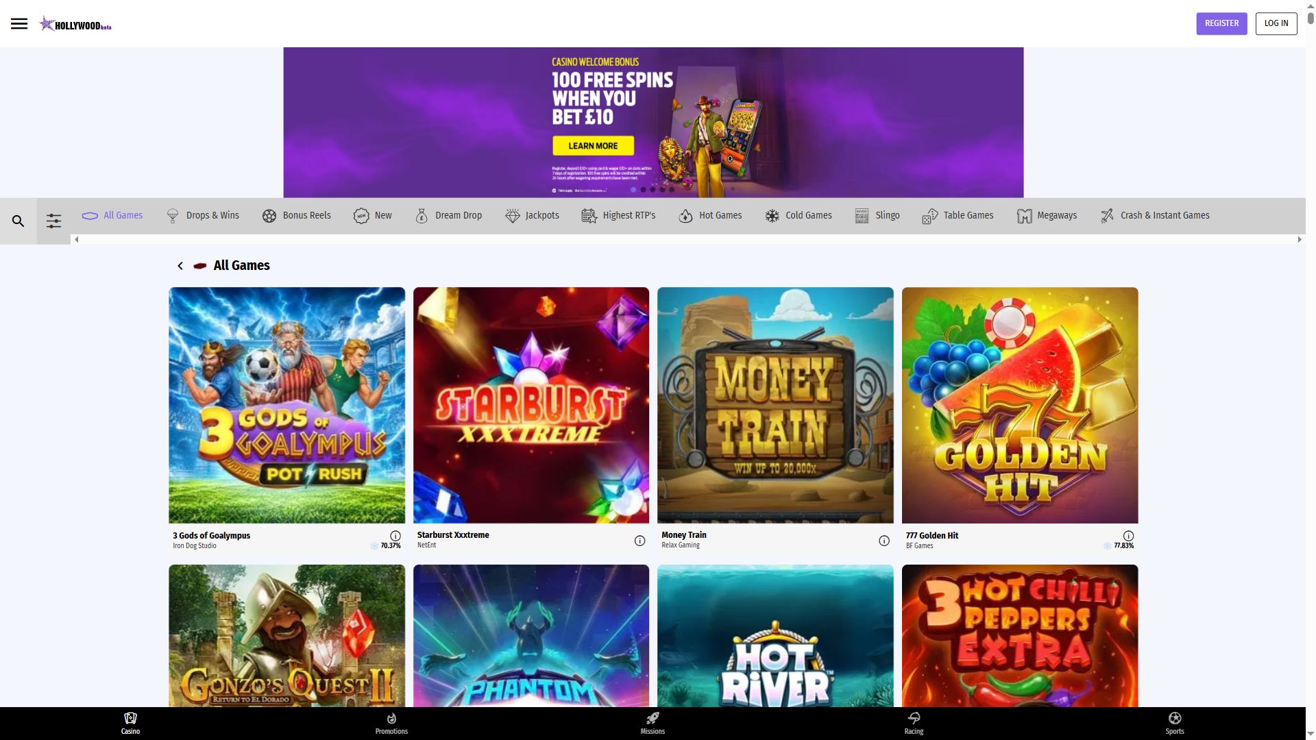 Hollywoodbets — Lobby (Desktop)