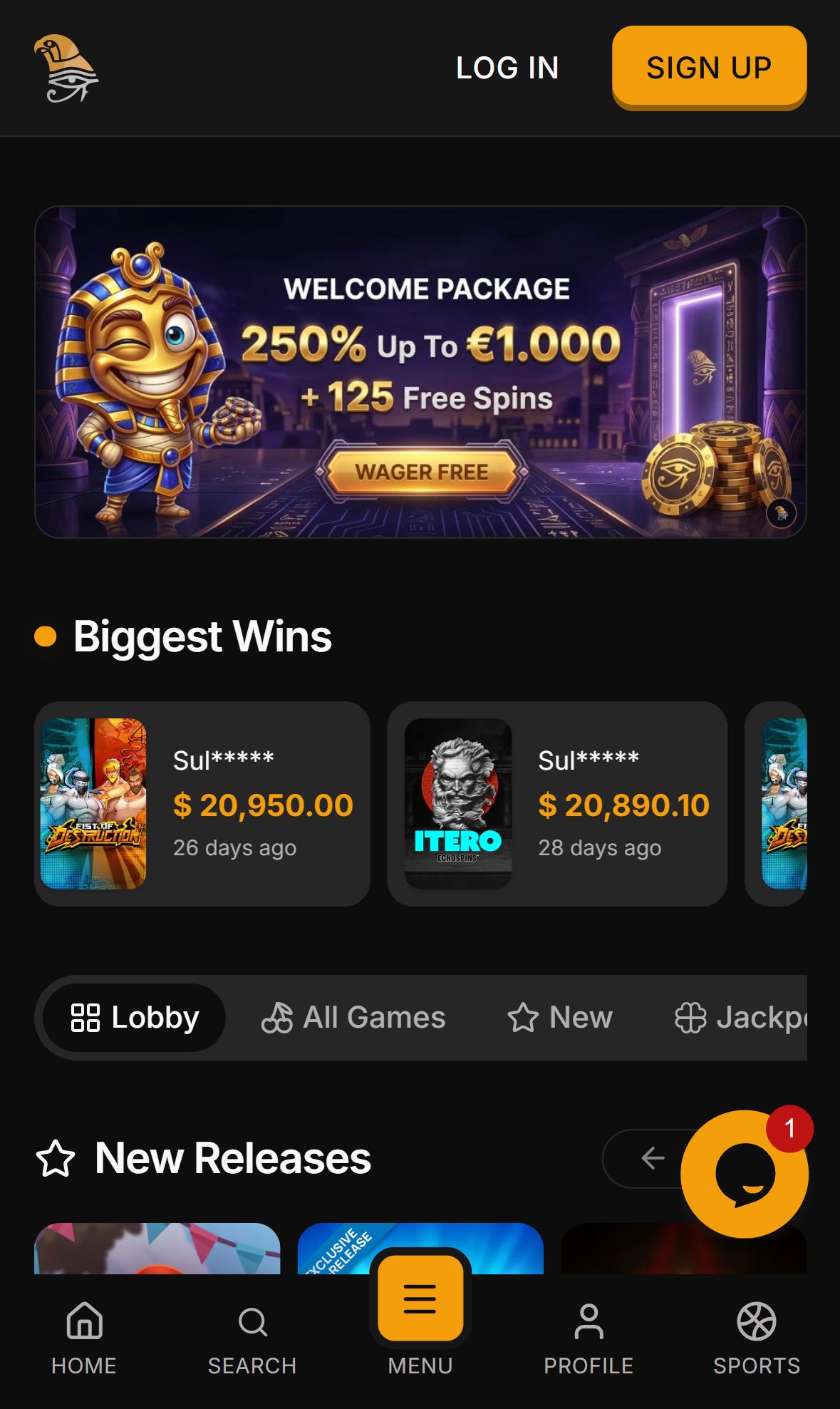 Horus Casino — Lobby (Mobile)