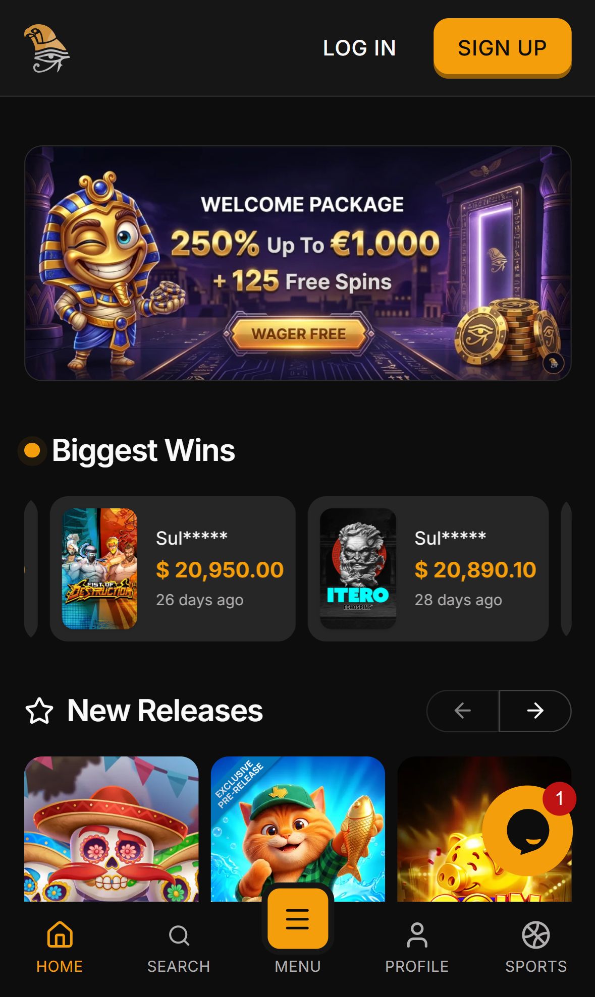 Horus Casino — Homepage (Mobile)