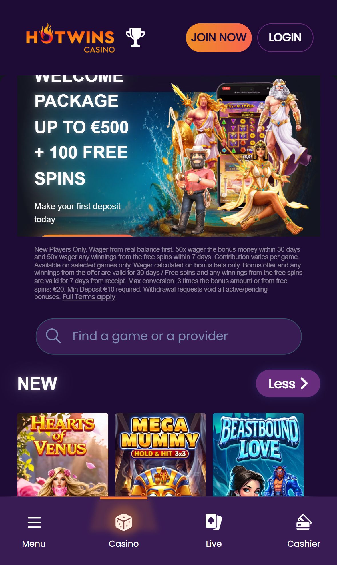 Hotwins Casino — Lobby (Mobile)
