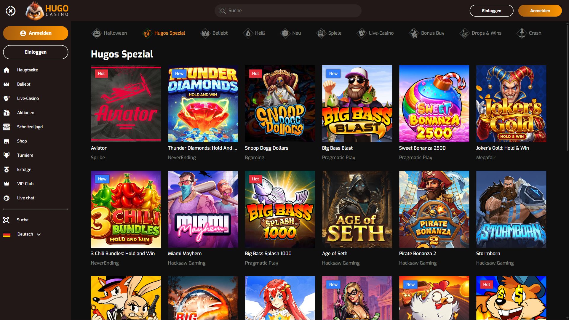 Hugo Casino — Lobby (Desktop)