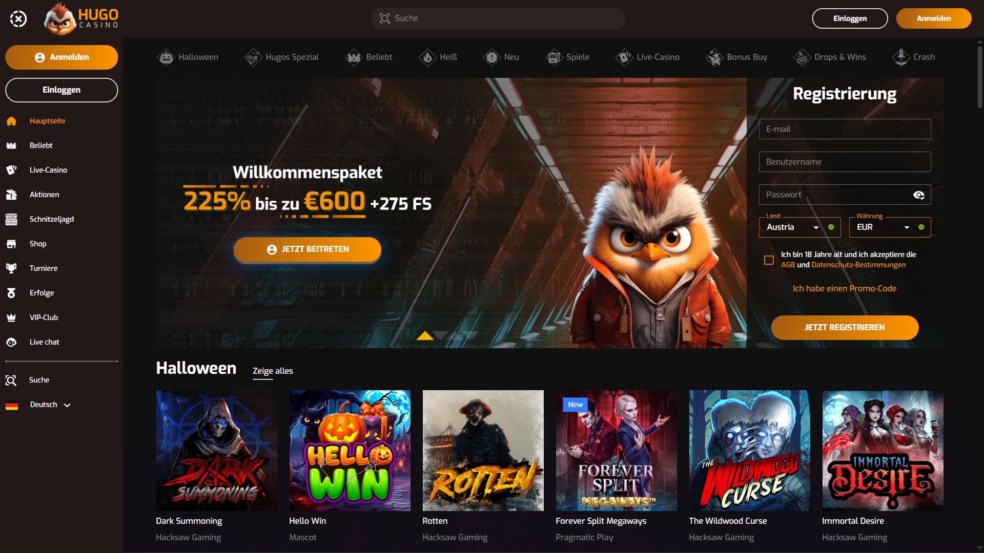 Hugo Casino — Startseite (Desktop)
