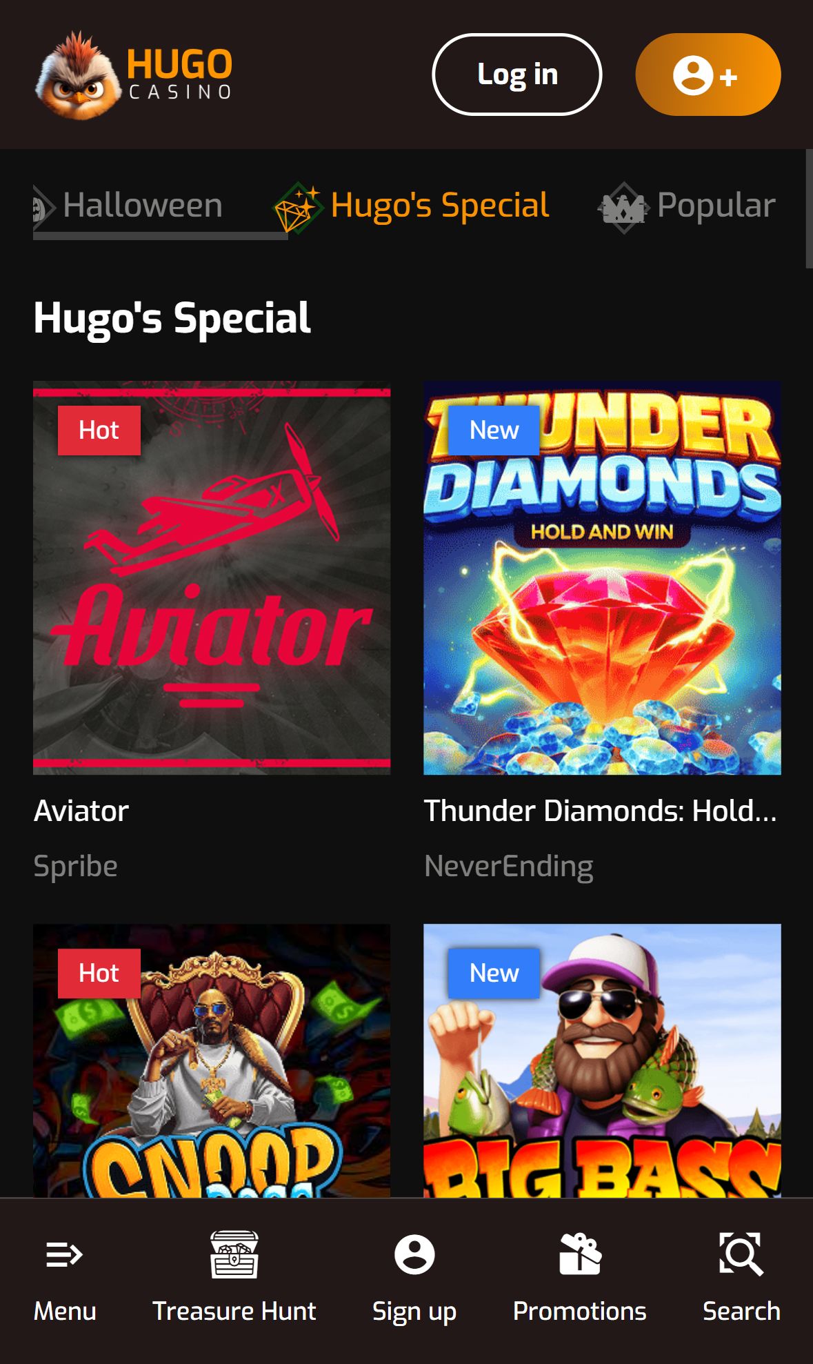 Hugo Casino — Lobby (Mobile)