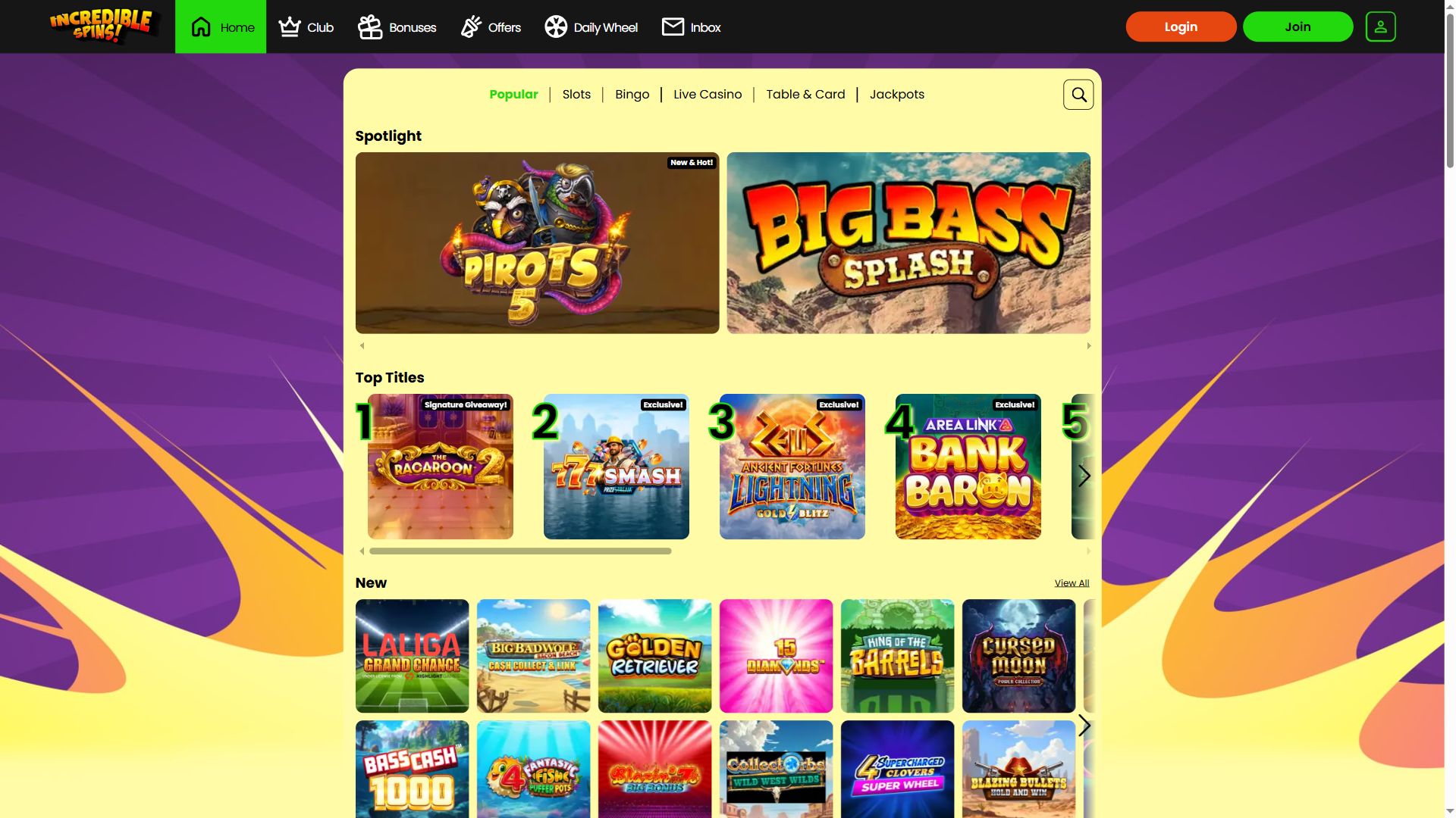 Incredible Spins — Lobby (Desktop)