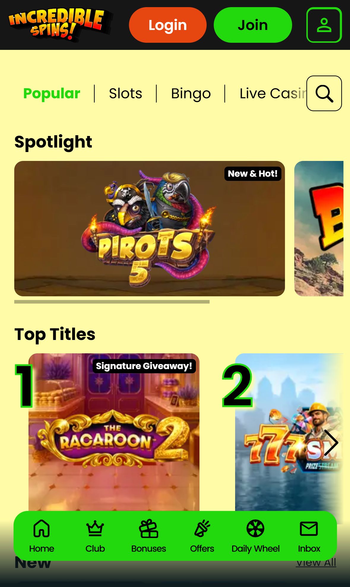 Incredible Spins — Lobby (Mobile)