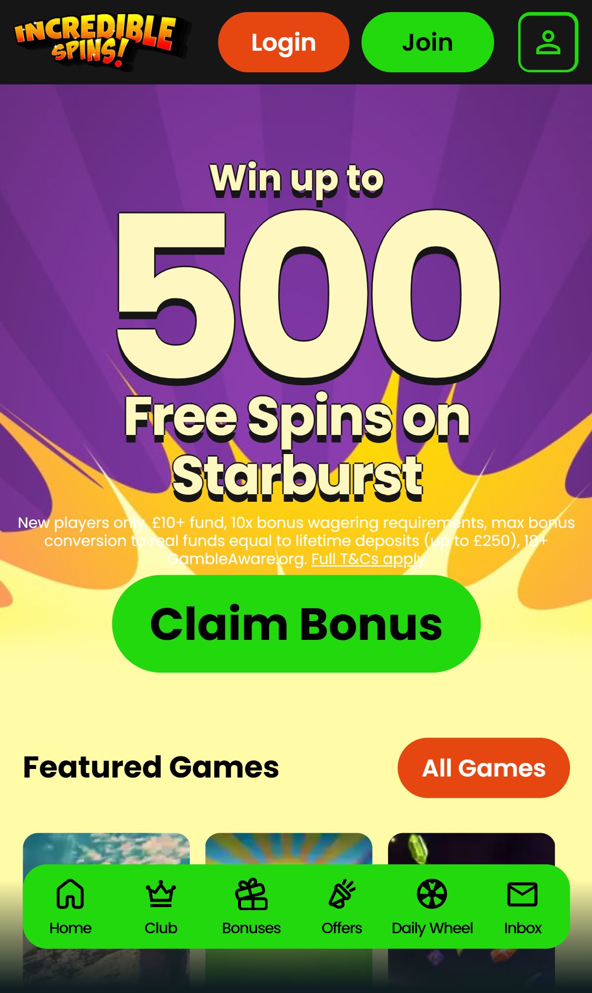 Incredible Spins — Homepage (Mobile)