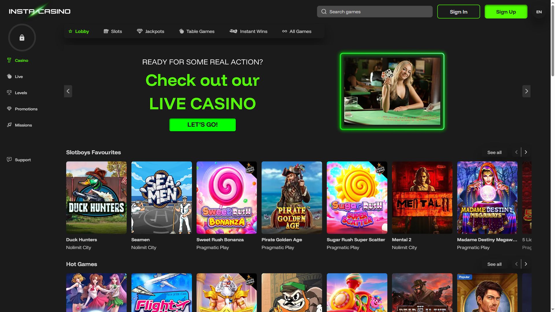 InstaCasino — Homepage (Desktop)