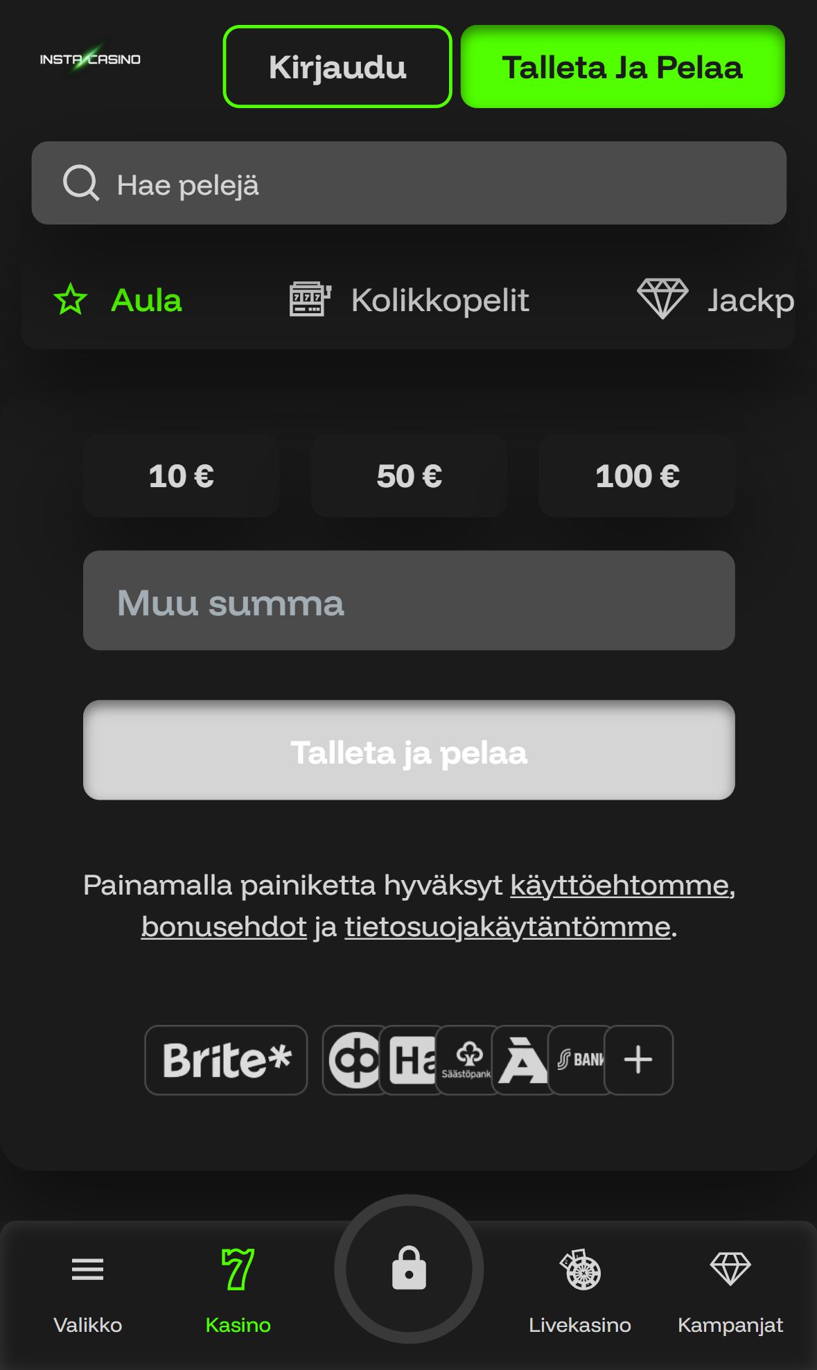 InstaCasino — Homepage (Mobile)