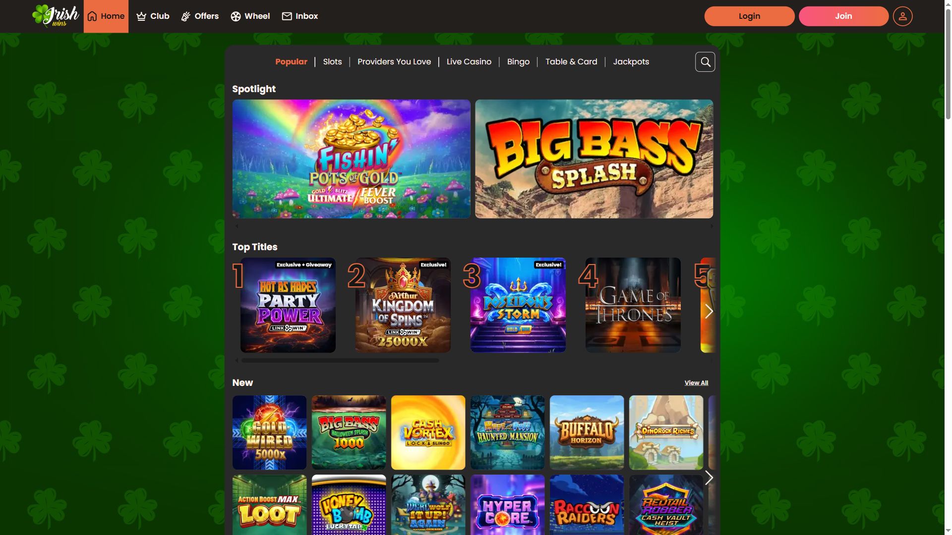 Irish Wins — Lobby (Desktop)