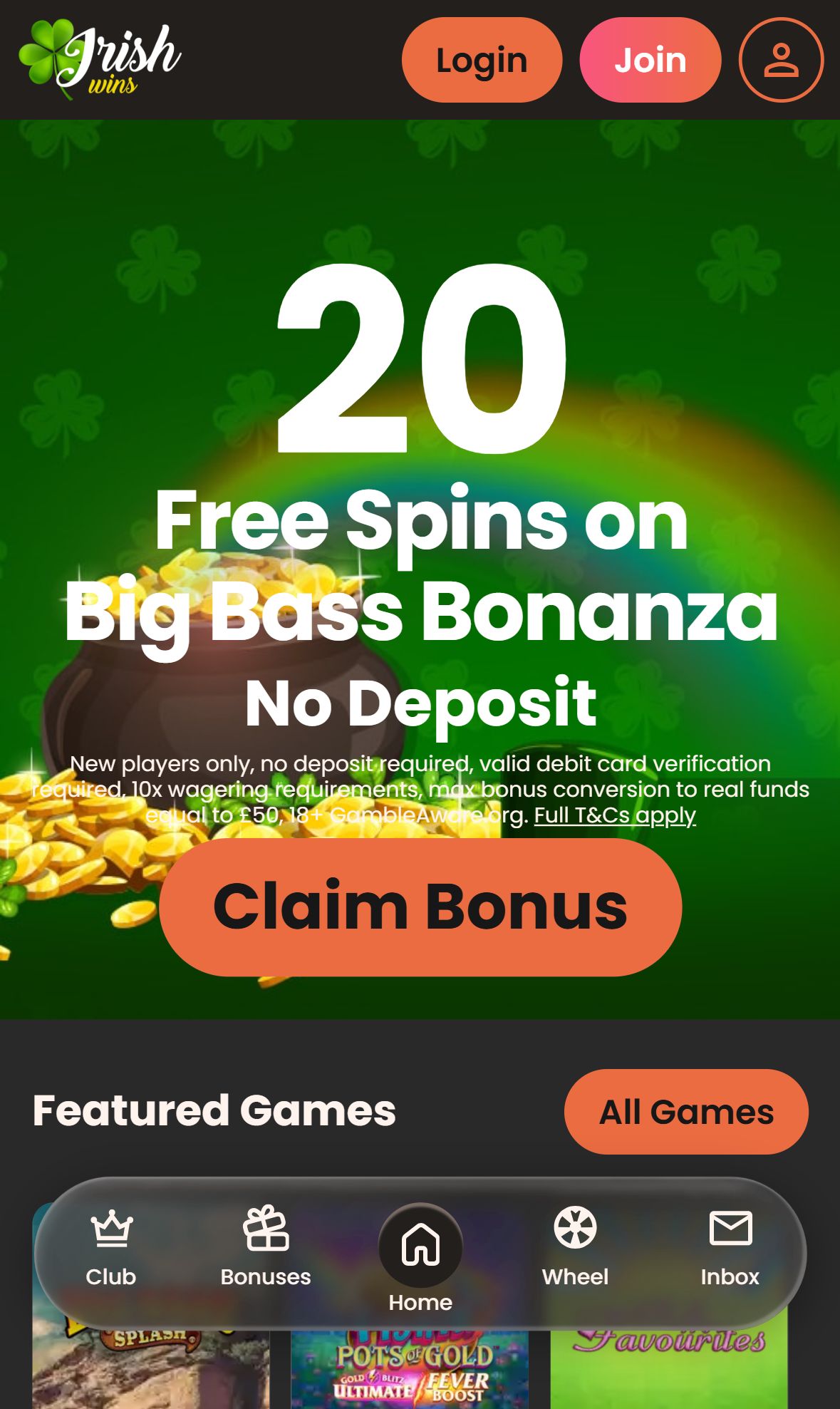 Irish Wins — Homepage (Mobile)