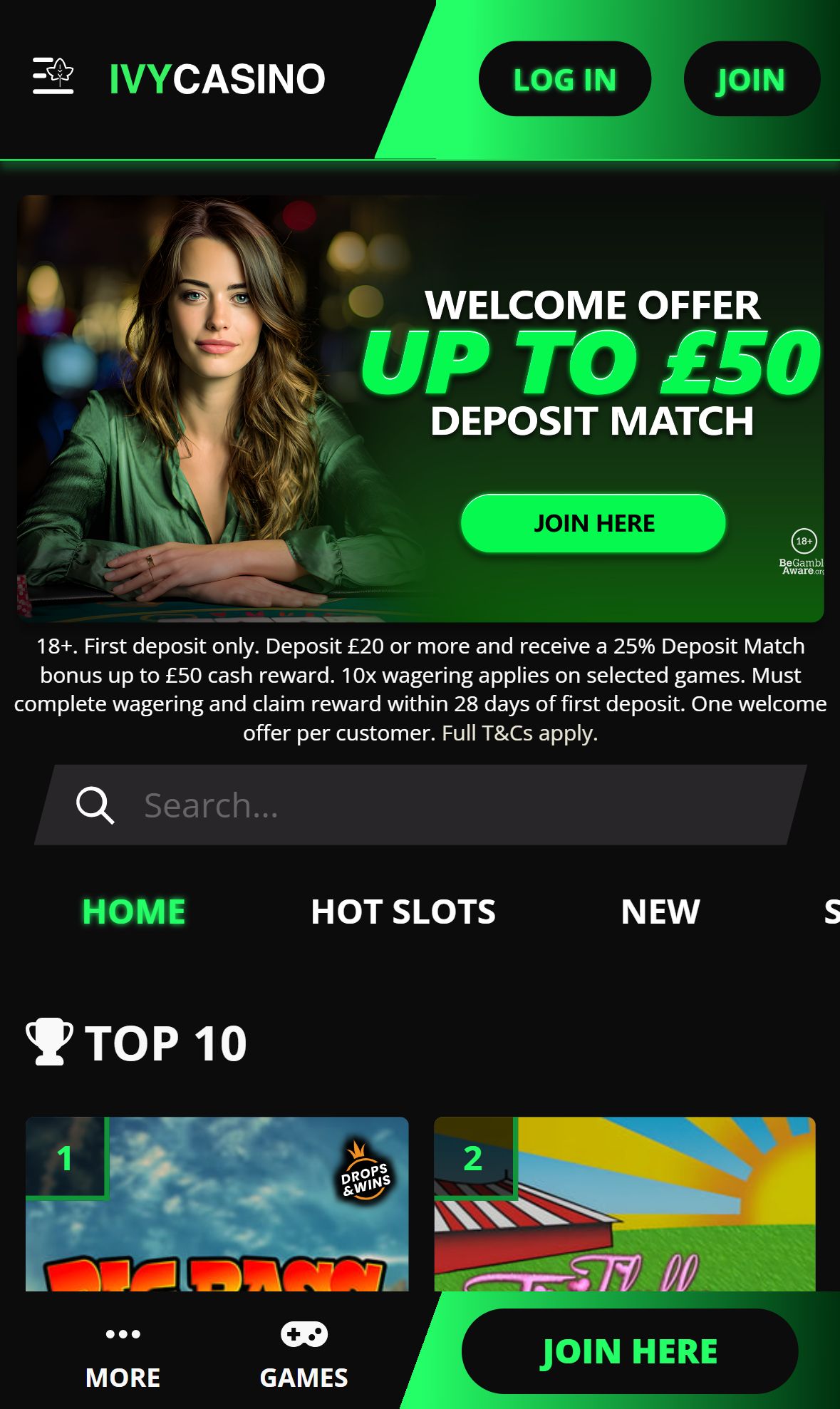 IvyCasino — Homepage (Mobile)