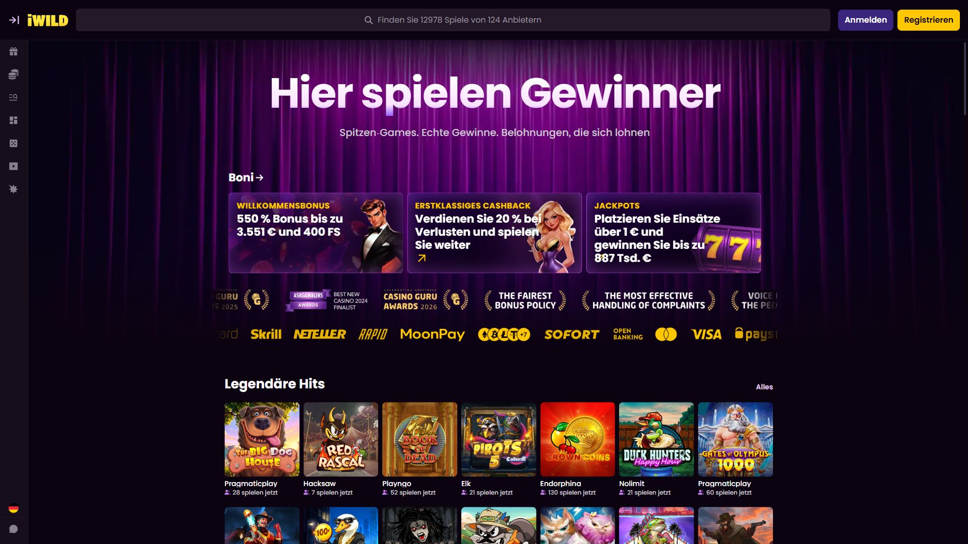 iWild Casino — Startseite (Desktop)