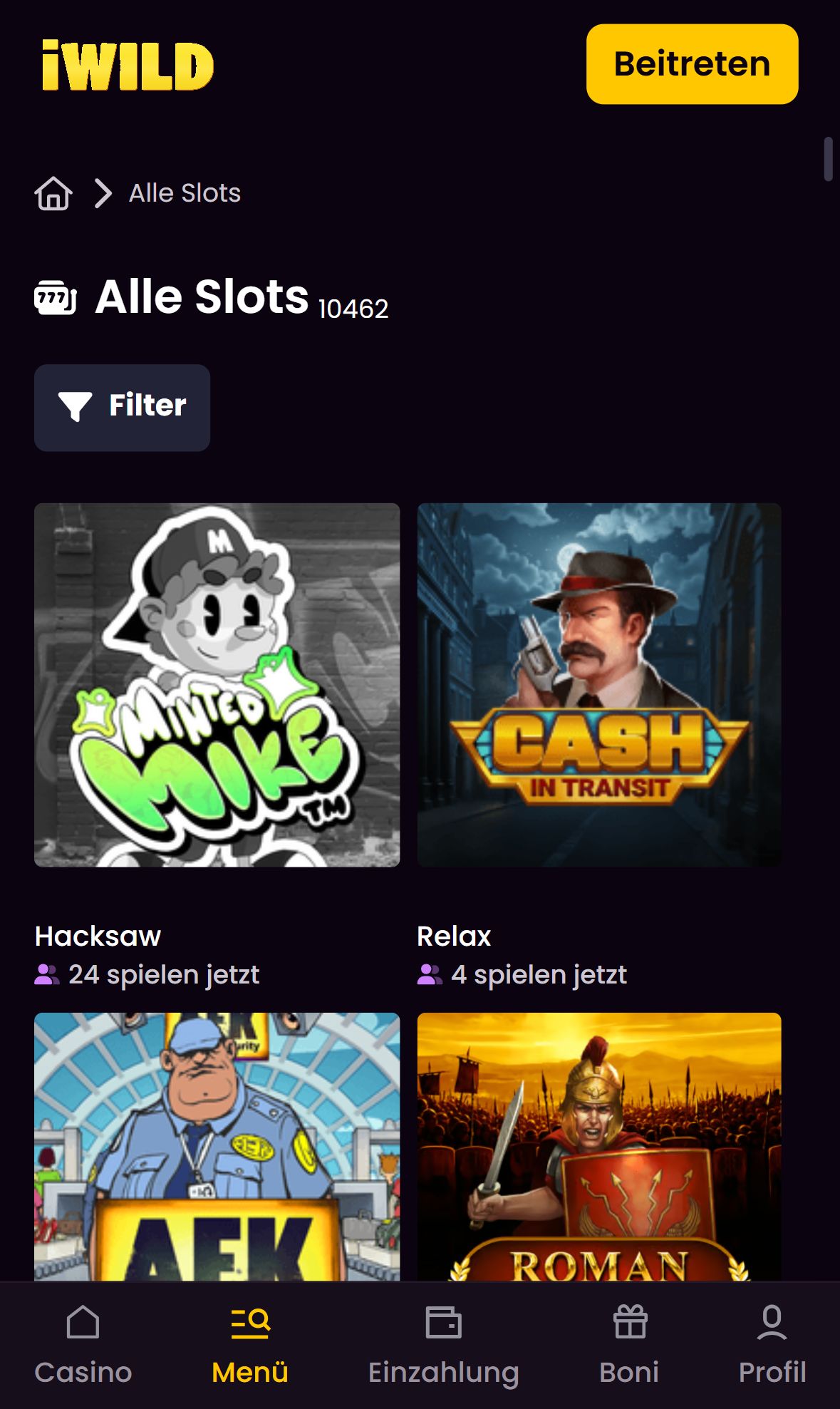 iWild Casino — Lobby (Mobil)