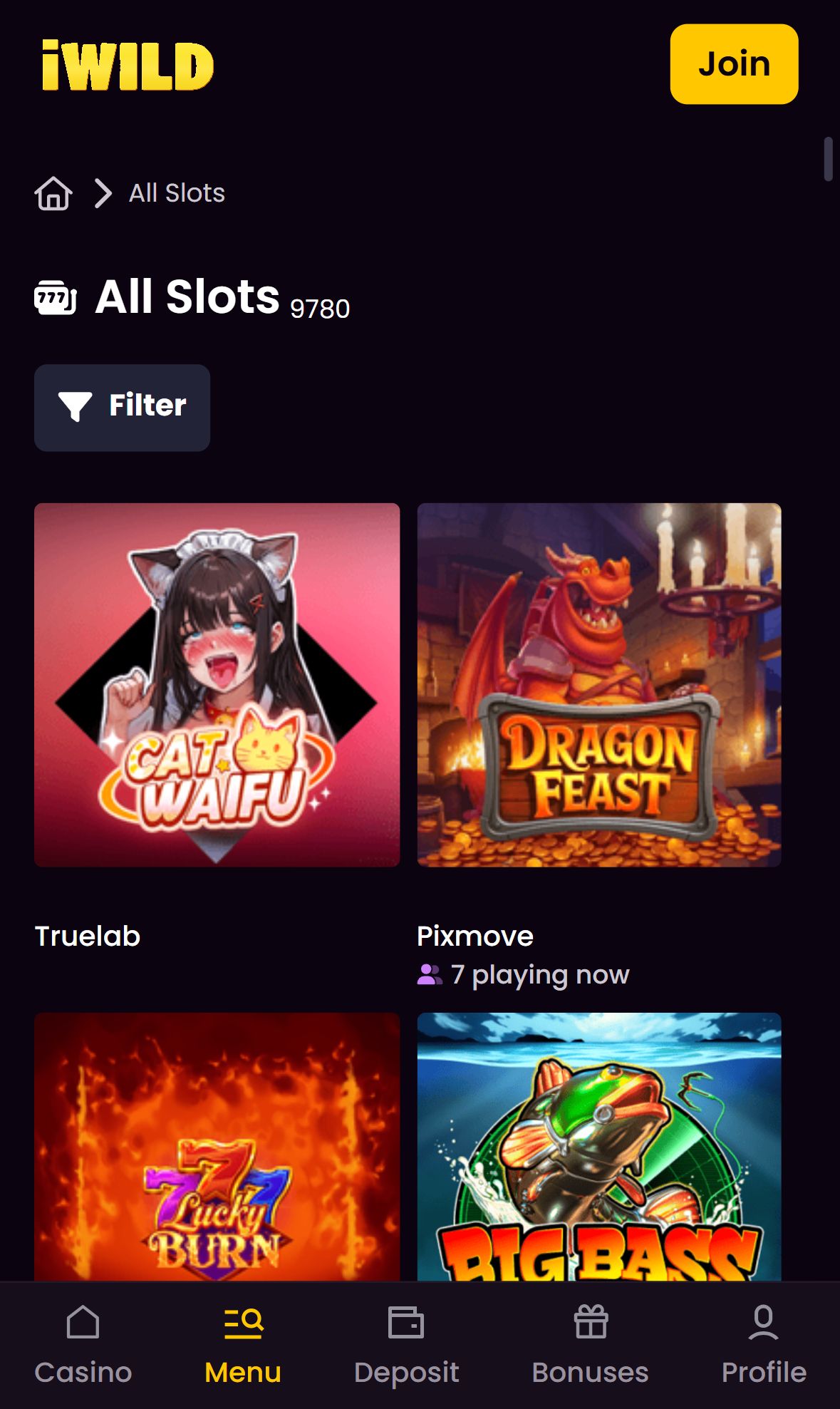 iWild Casino — Lobby (Mobile)