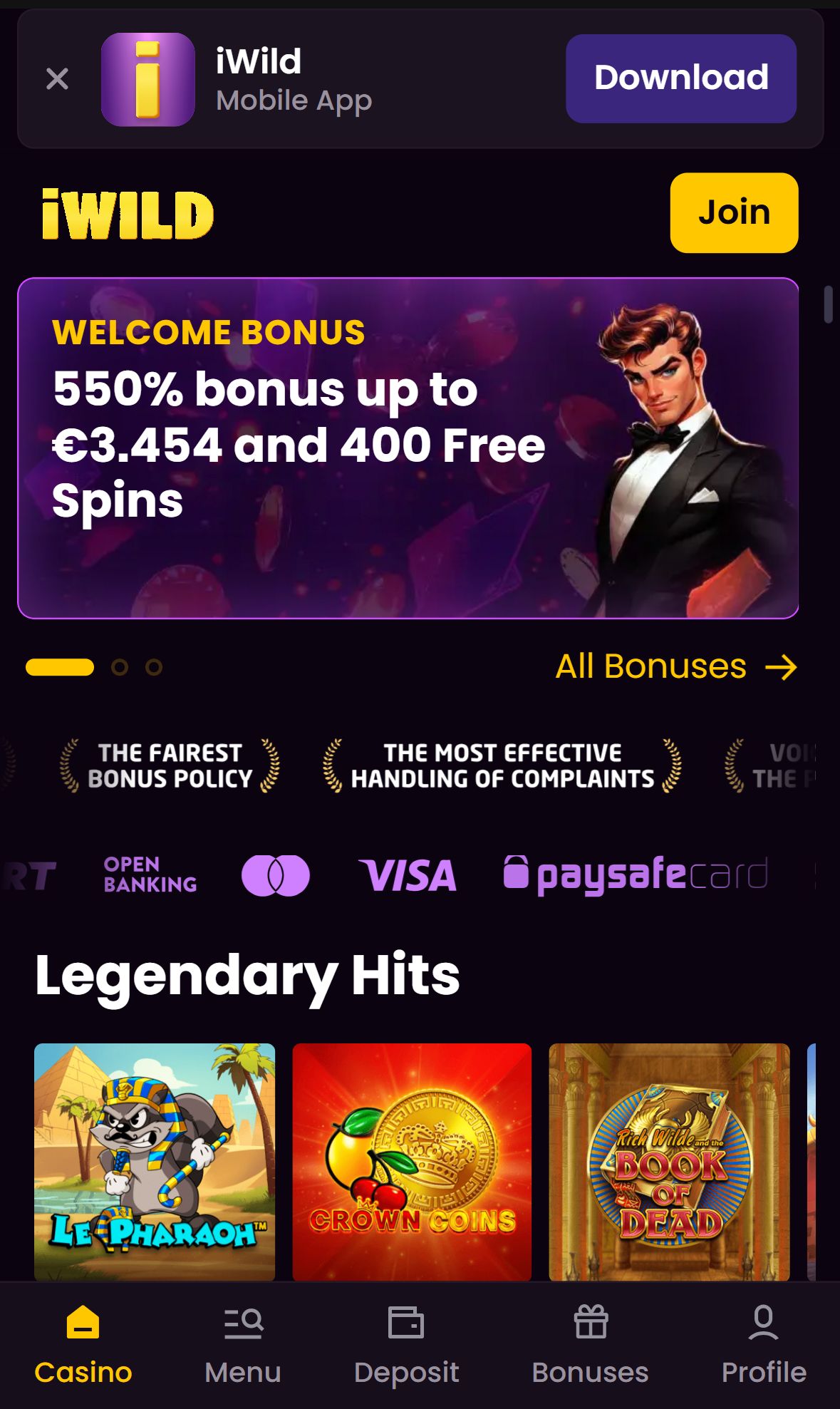 iWild Casino — Homepage (Mobile)