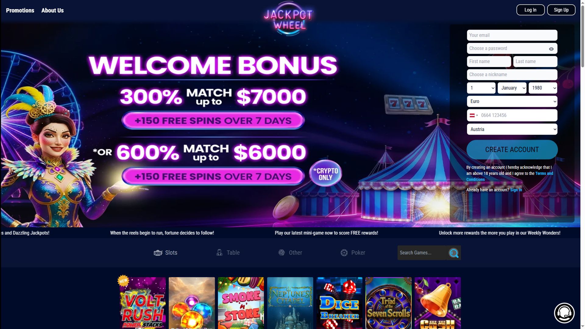 Jackpot Wheel — Homepage (Desktop)
