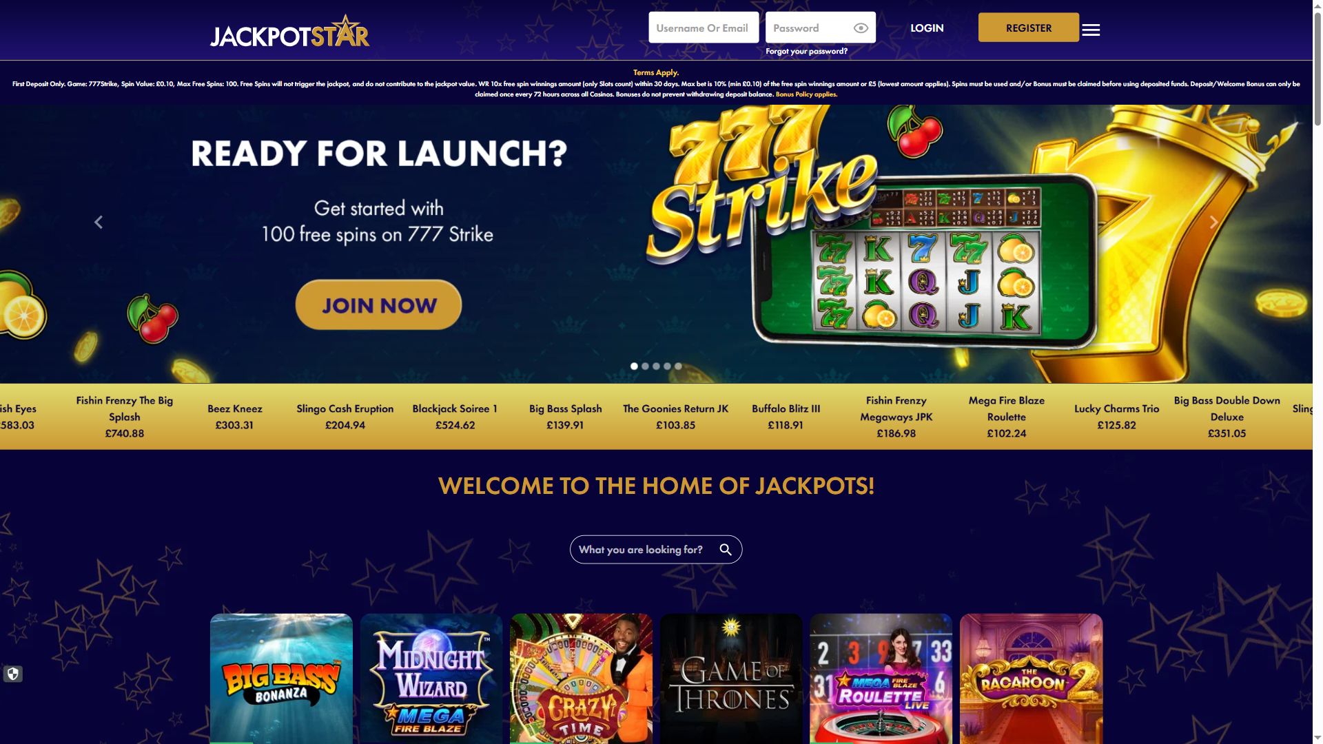 Jackpot Star — Homepage (Desktop)