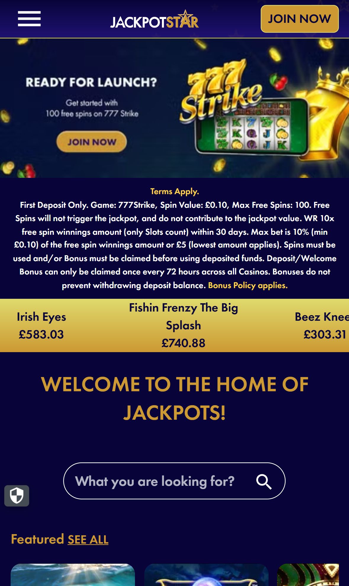 Jackpot Star — Homepage (Mobile)