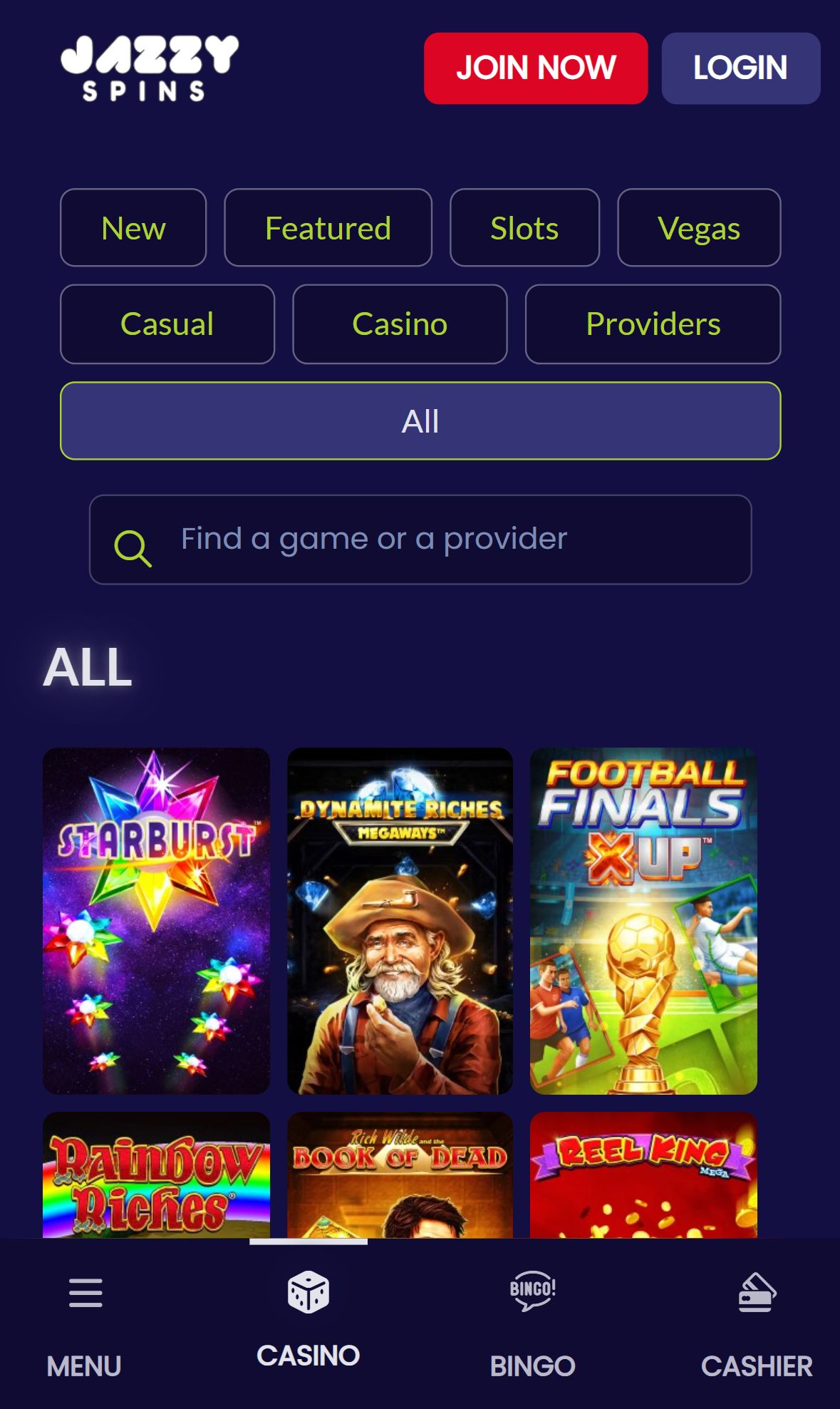 Jazzy Spins — Lobby (Mobile)