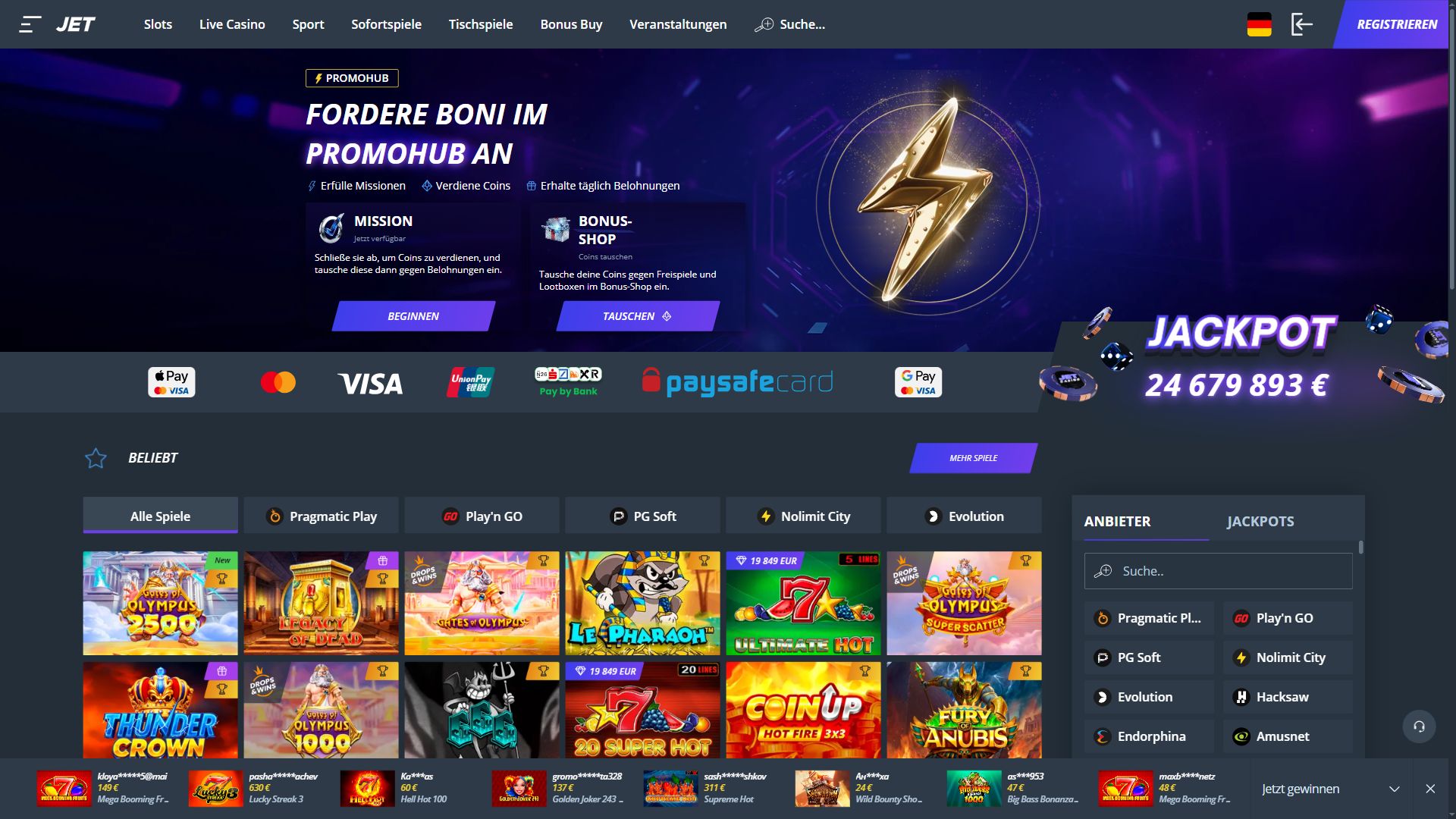 Jet Casino — Lobby (Desktop)