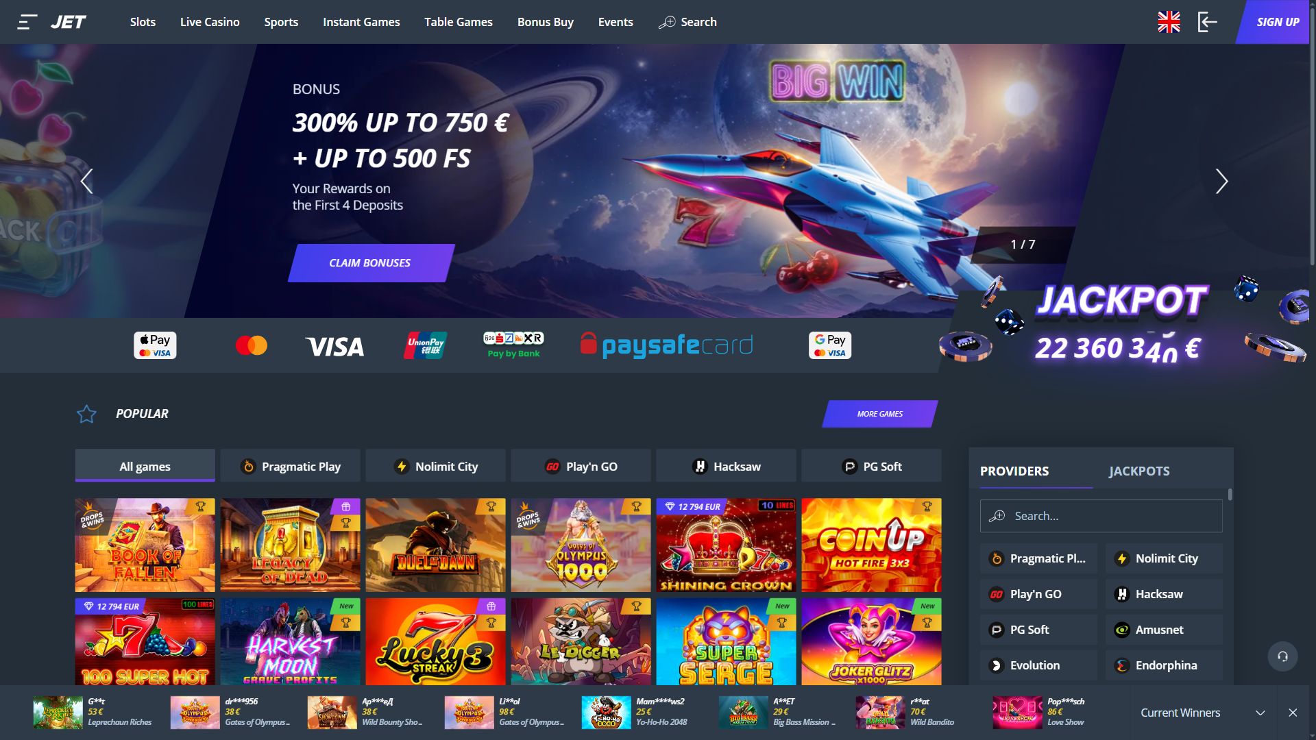 Jet Casino — Lobby (Desktop)