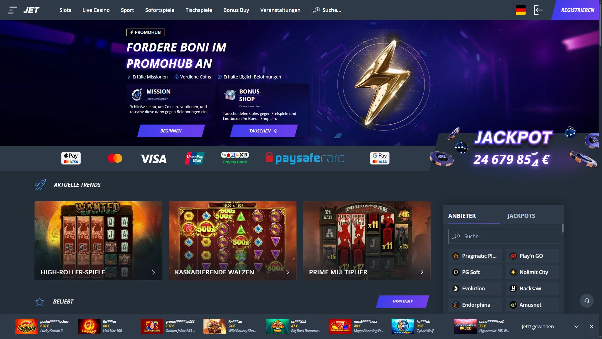 Jet Casino — Startseite (Desktop)
