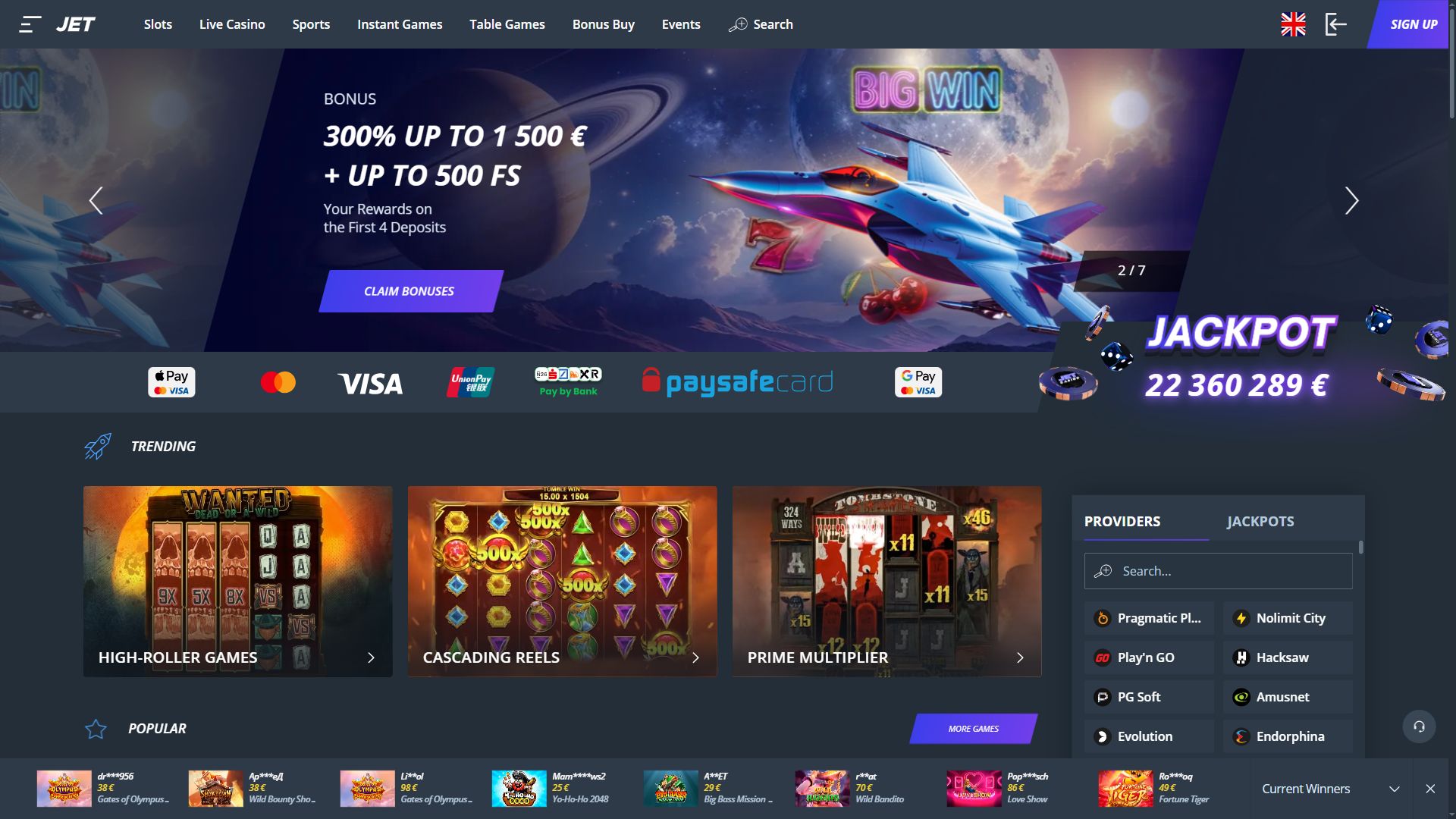 Jet Casino — Homepage (Desktop)