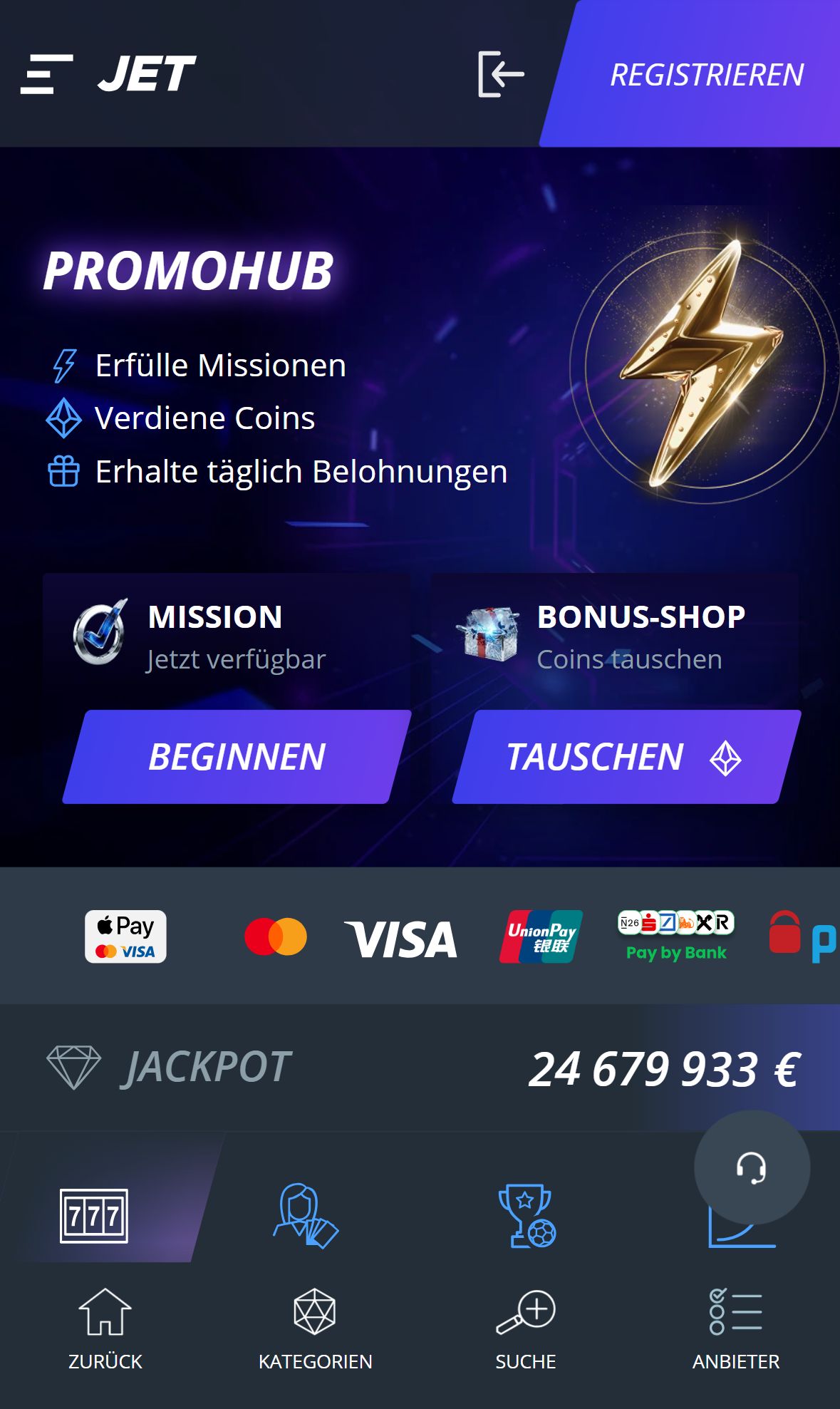 Jet Casino — Lobby (Mobil)