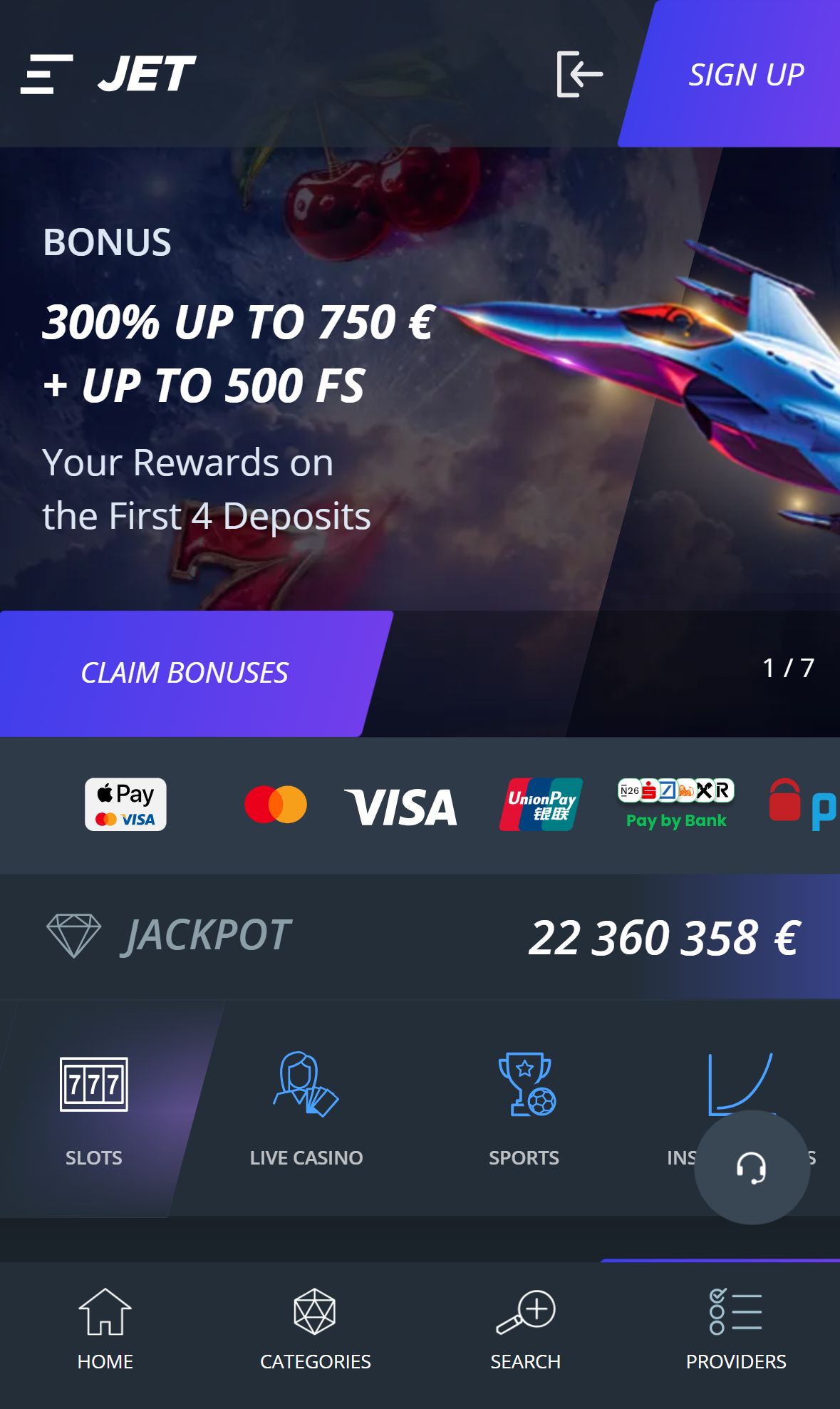 Jet Casino — Lobby (Mobile)