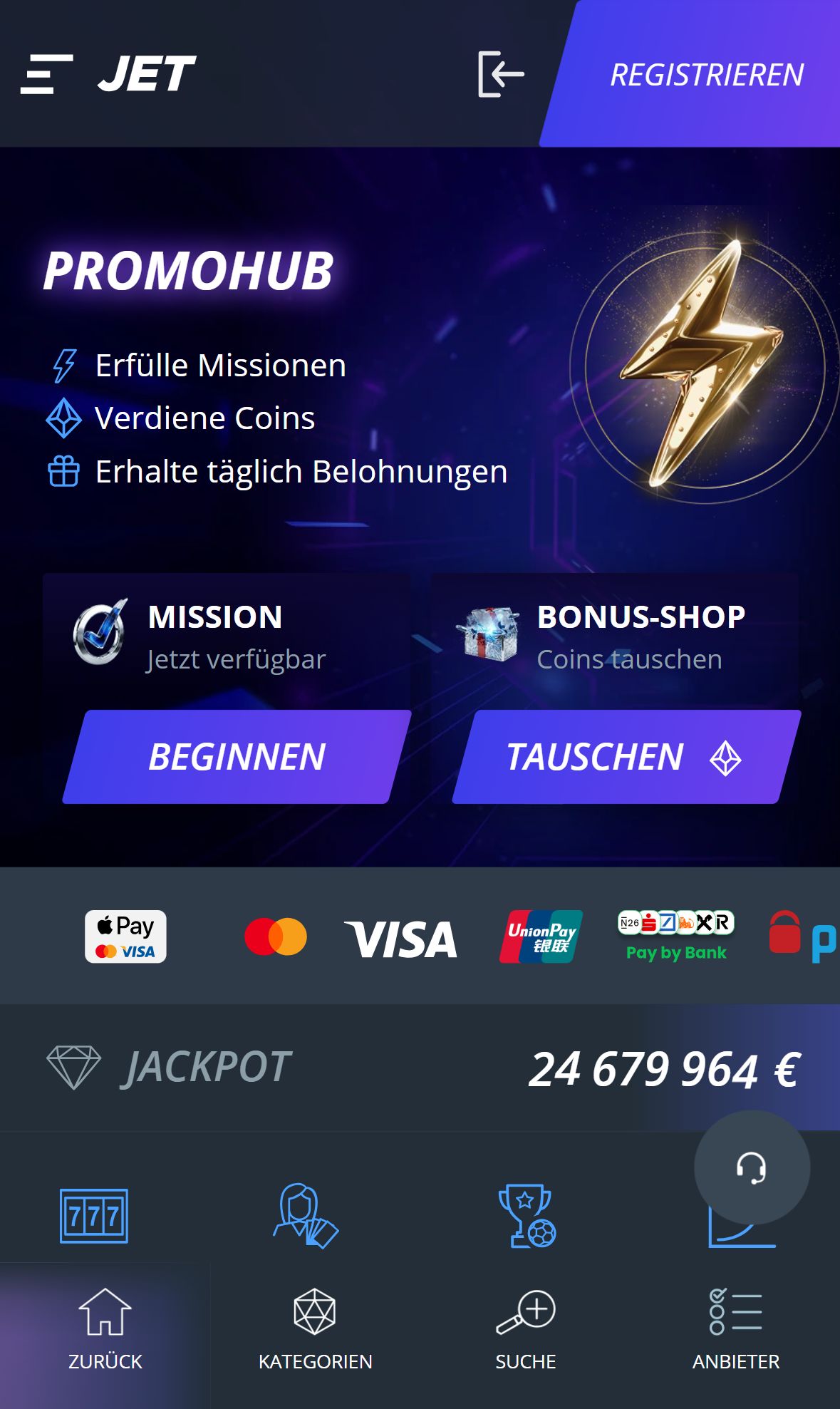 Jet Casino — Startseite (Mobil)