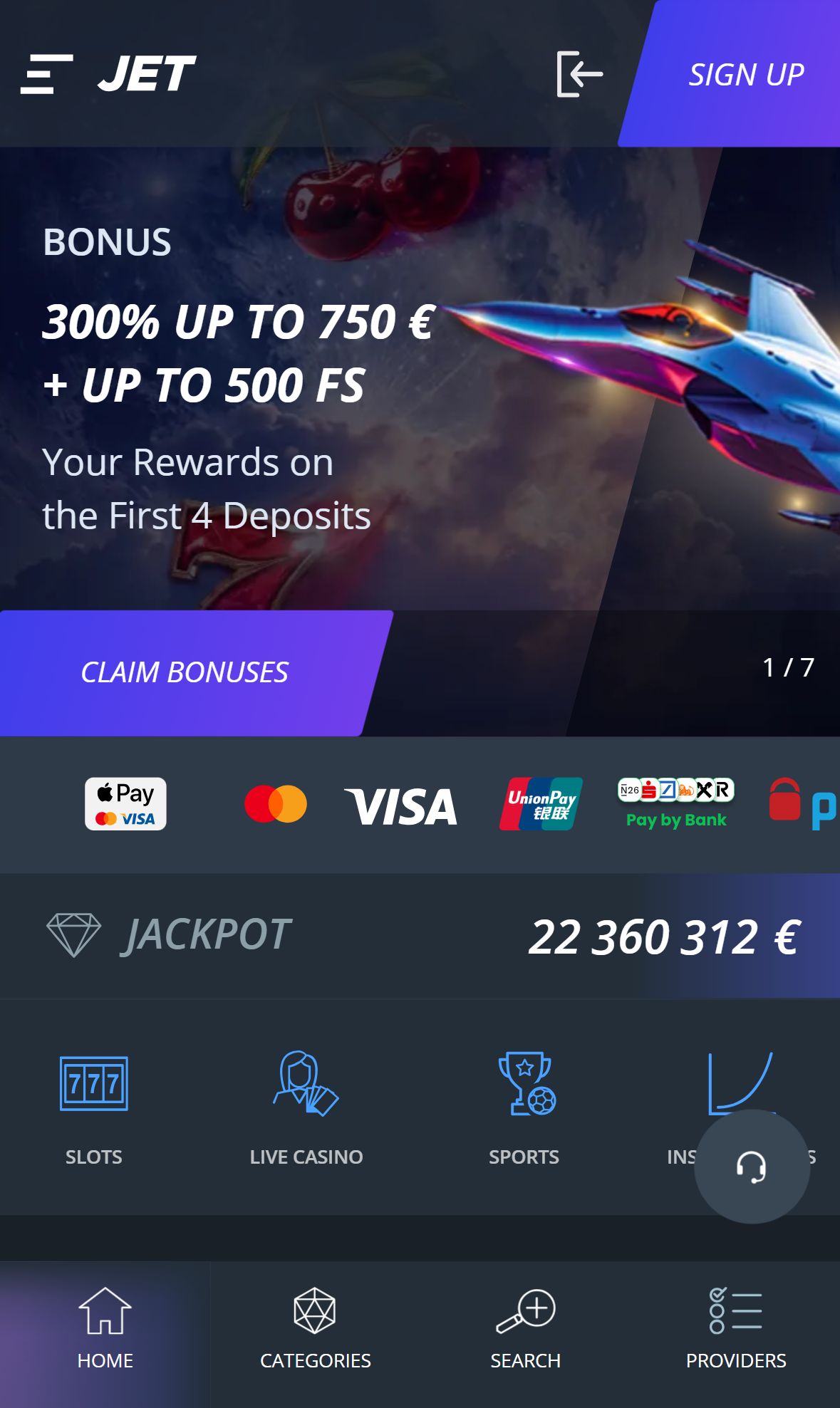 Jet Casino — Homepage (Mobile)