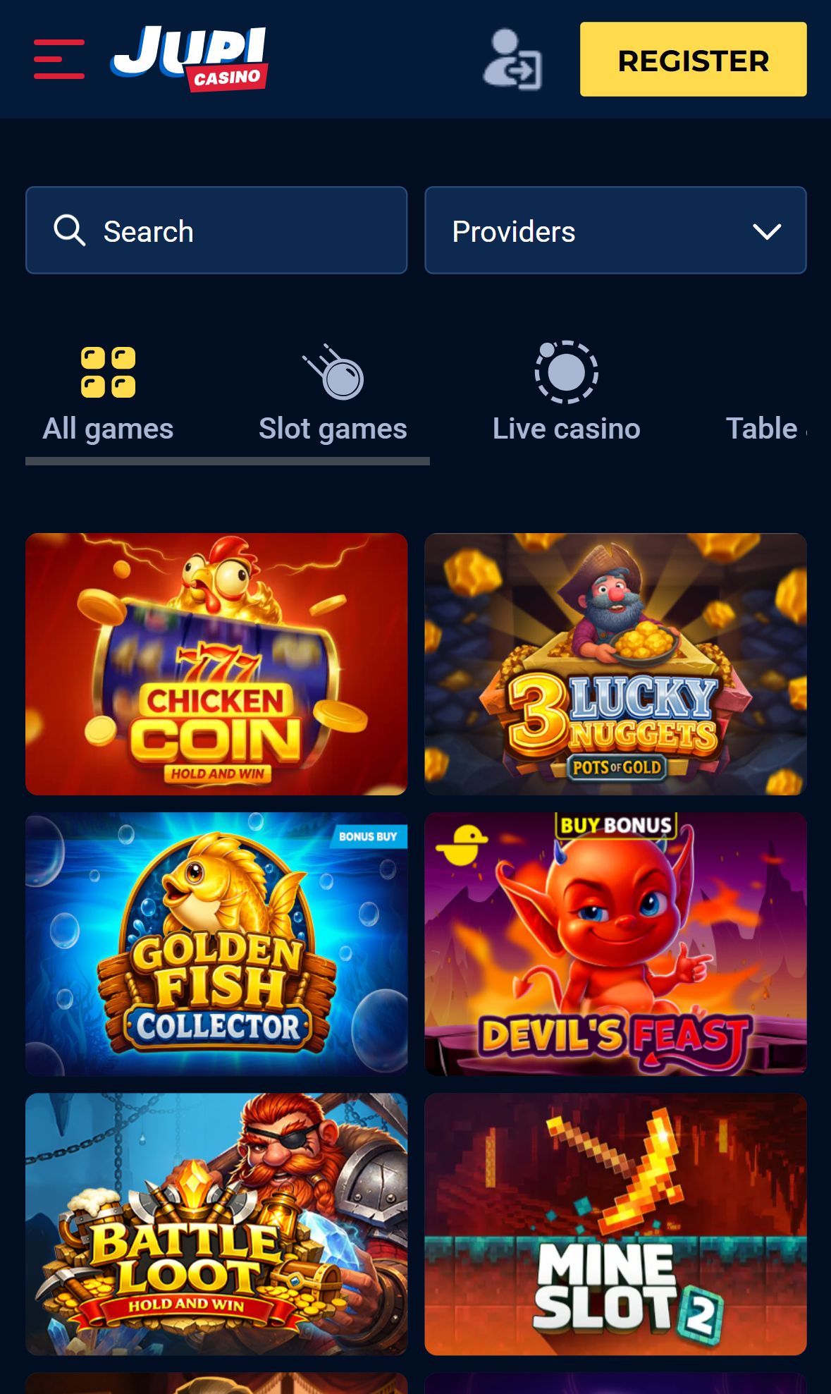 Jupi Casino — Lobby (Mobile)
