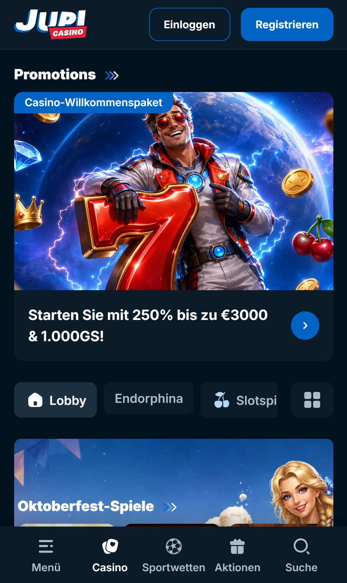 Jupi Casino — Startseite (Mobil)